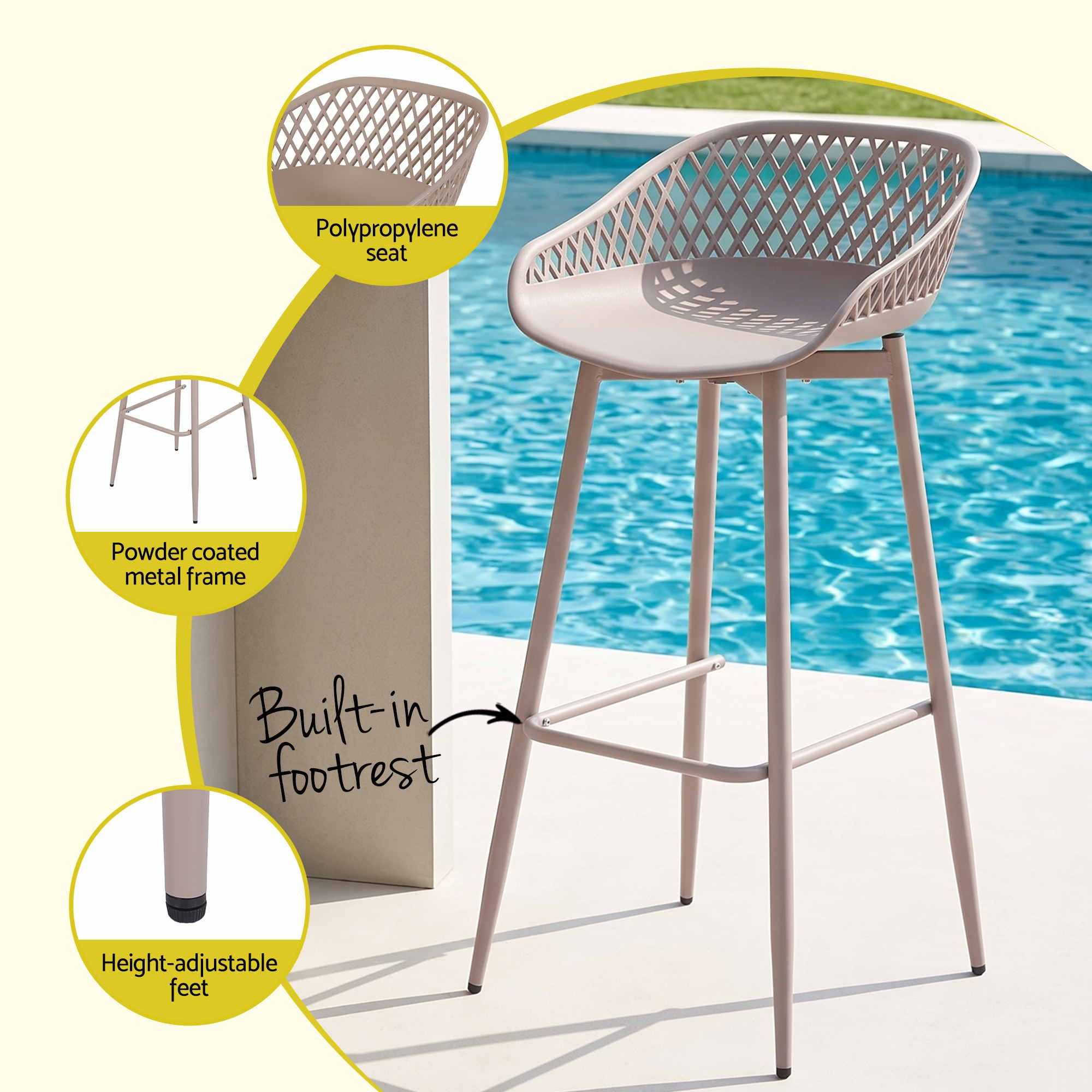 Set of 2 Outdoor Bar Stools with Plastic Seat and Metal Frame - Coffee
