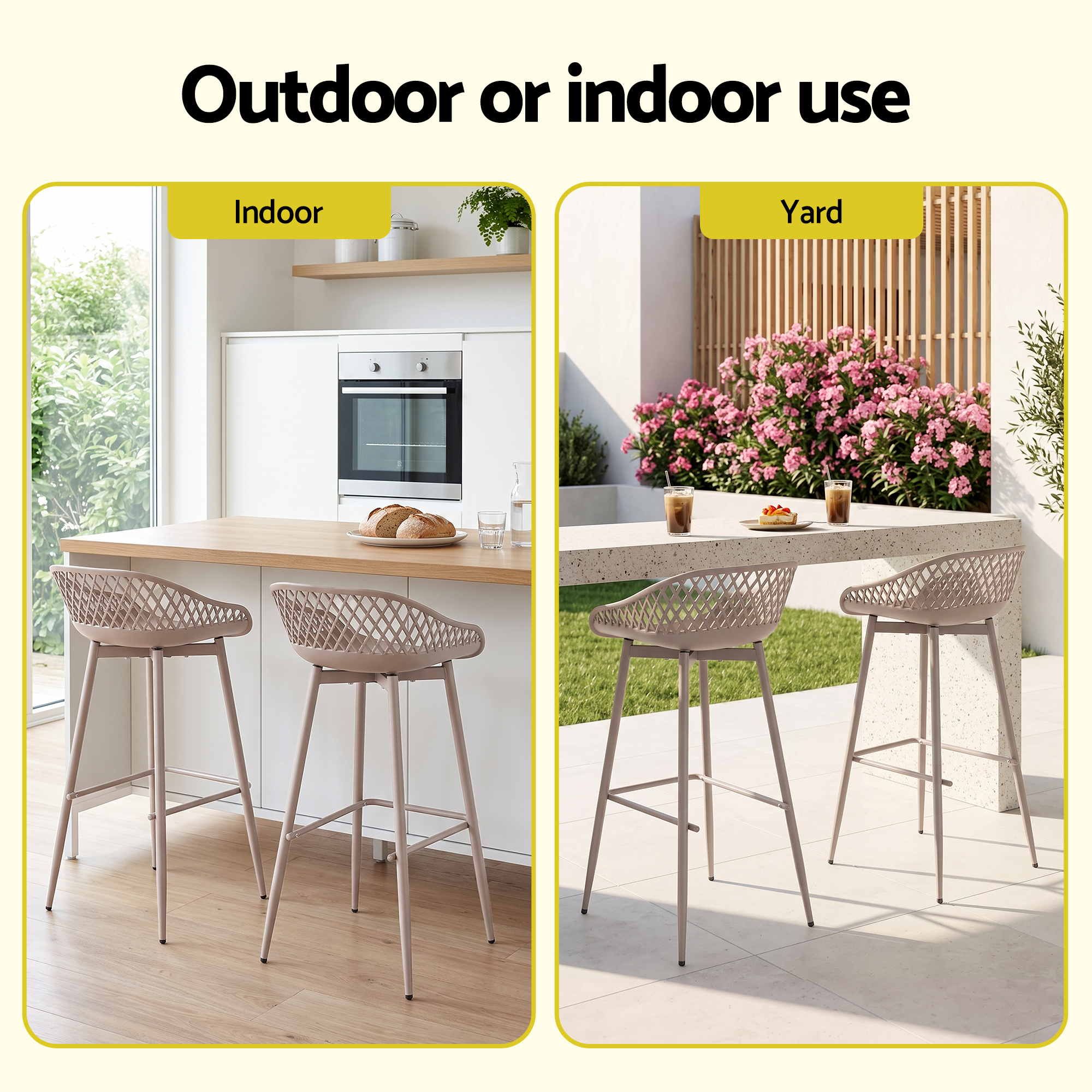 Set of 2 Outdoor Bar Stools with Plastic Seat and Metal Frame - Coffee
