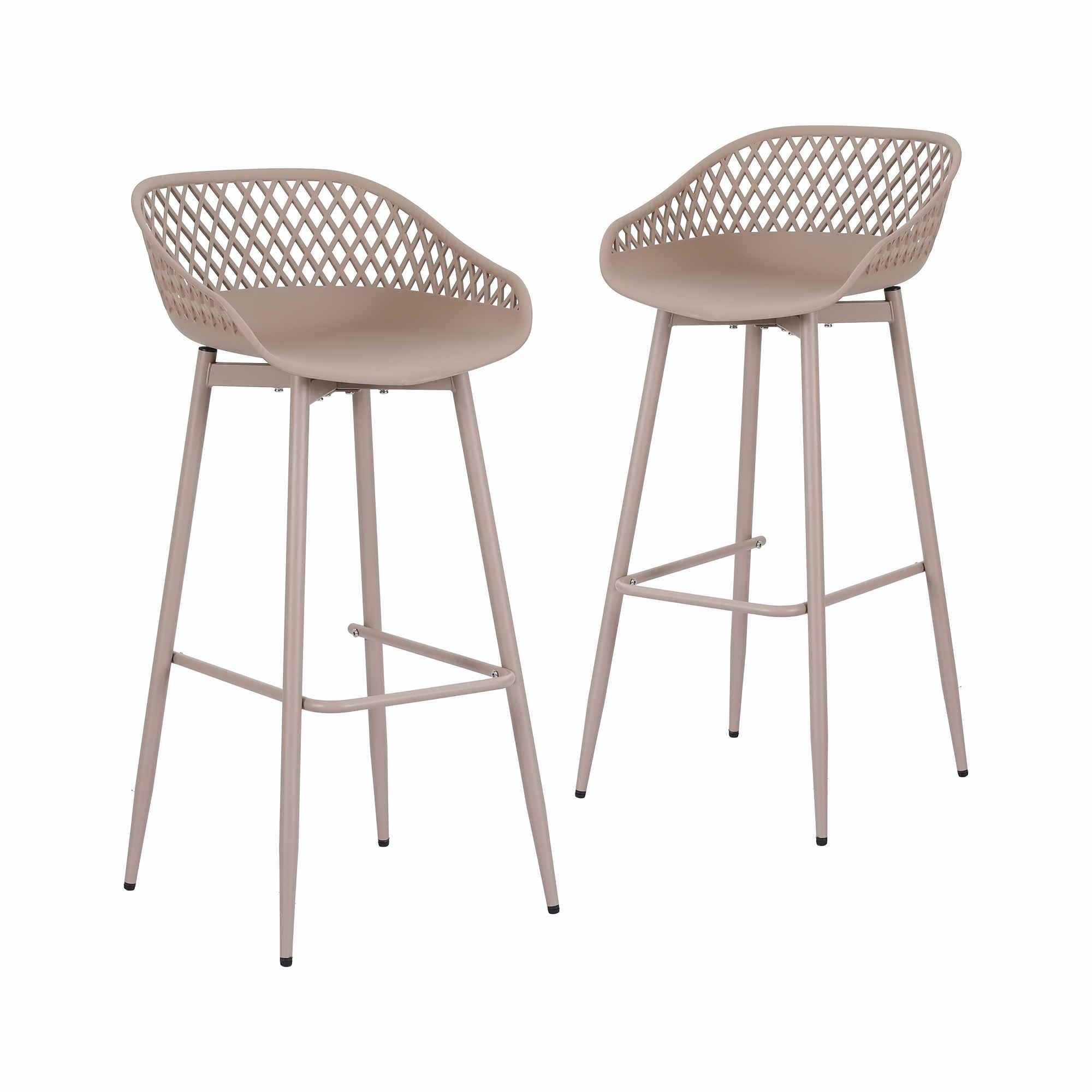 Set of 2 Outdoor Bar Stools with Plastic Seat and Metal Frame - Coffee