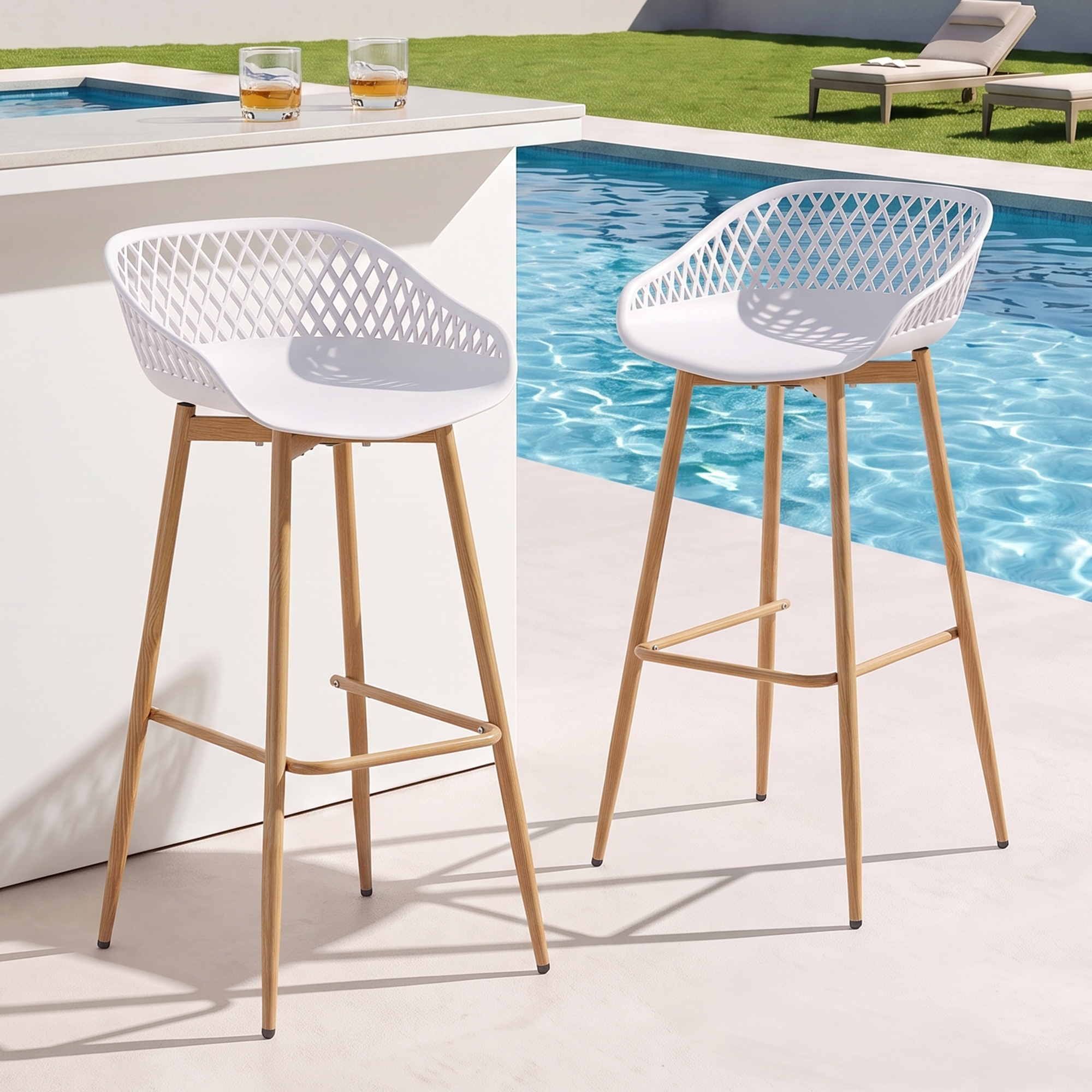 2PC Outdoor Bar Stools Plastic Metal Dining Chair Patio Furniture White
