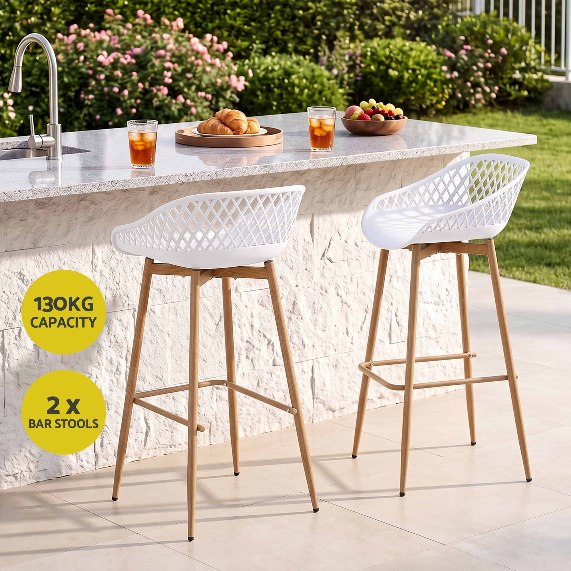 2PC Outdoor Bar Stools Plastic Metal Dining Chair Patio Furniture White