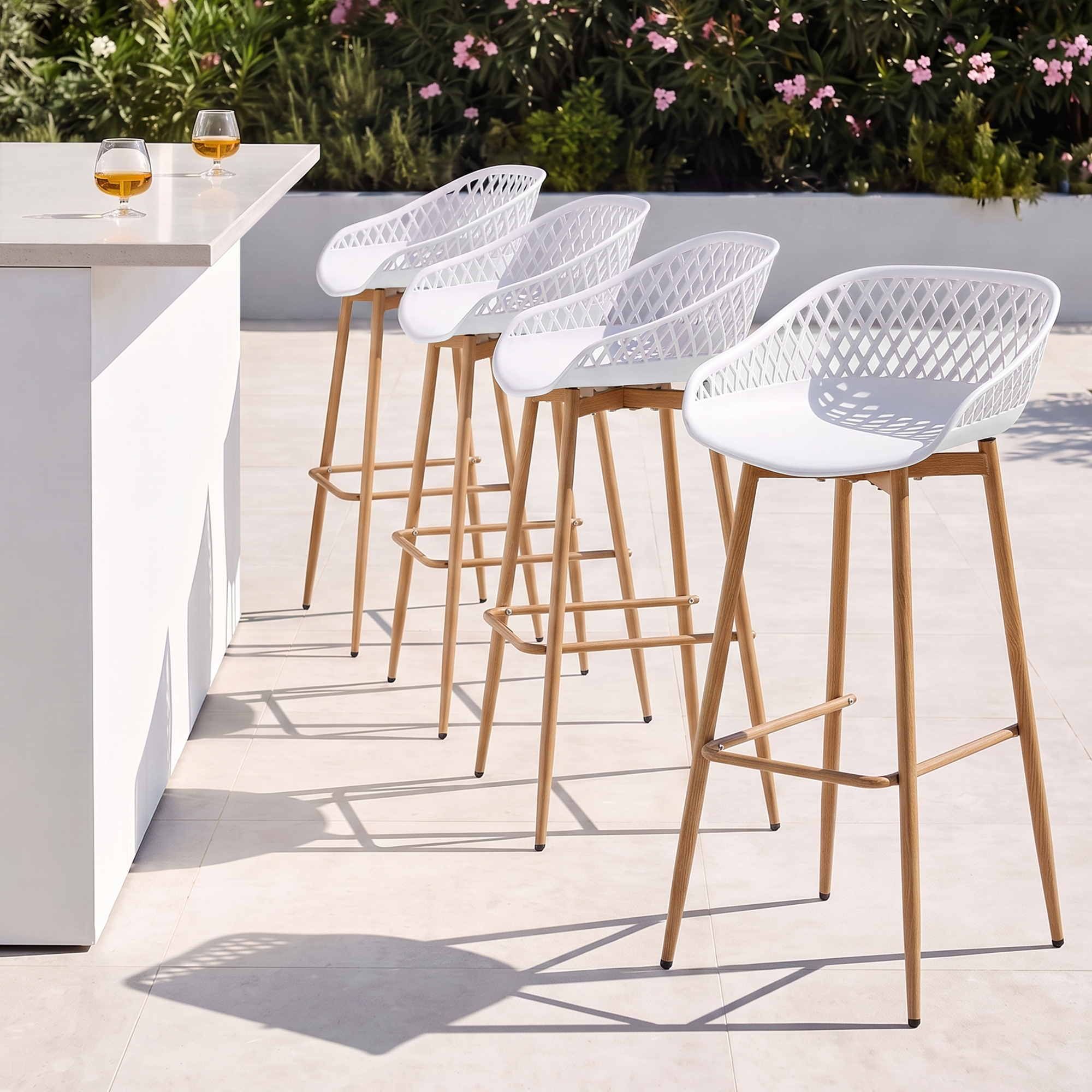 4-Piece Outdoor Bar Stools Plastic Metal Dining Chair Balcony White