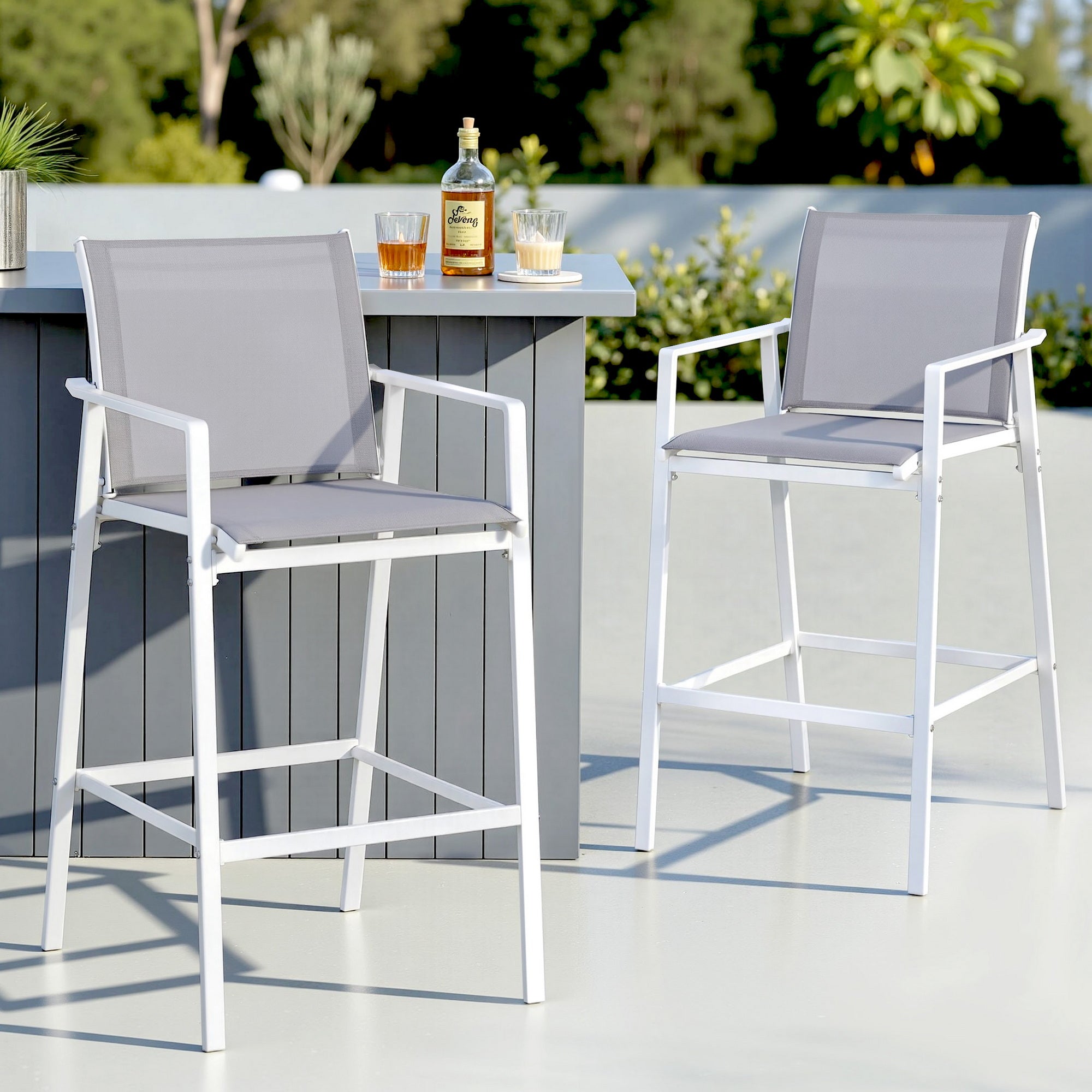 Set of 2 Outdoor Bar Stools Dining Chairs Patio Furniture Garden Steel Textilene White