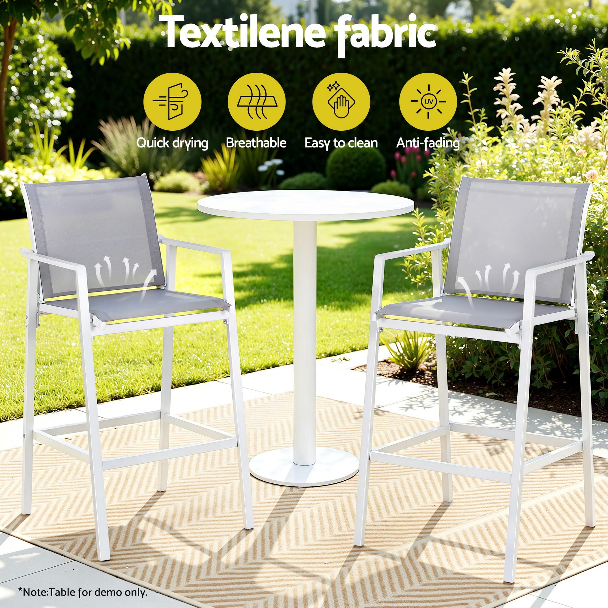 Set of 2 Outdoor Bar Stools Dining Chairs Patio Furniture Garden Steel Textilene White