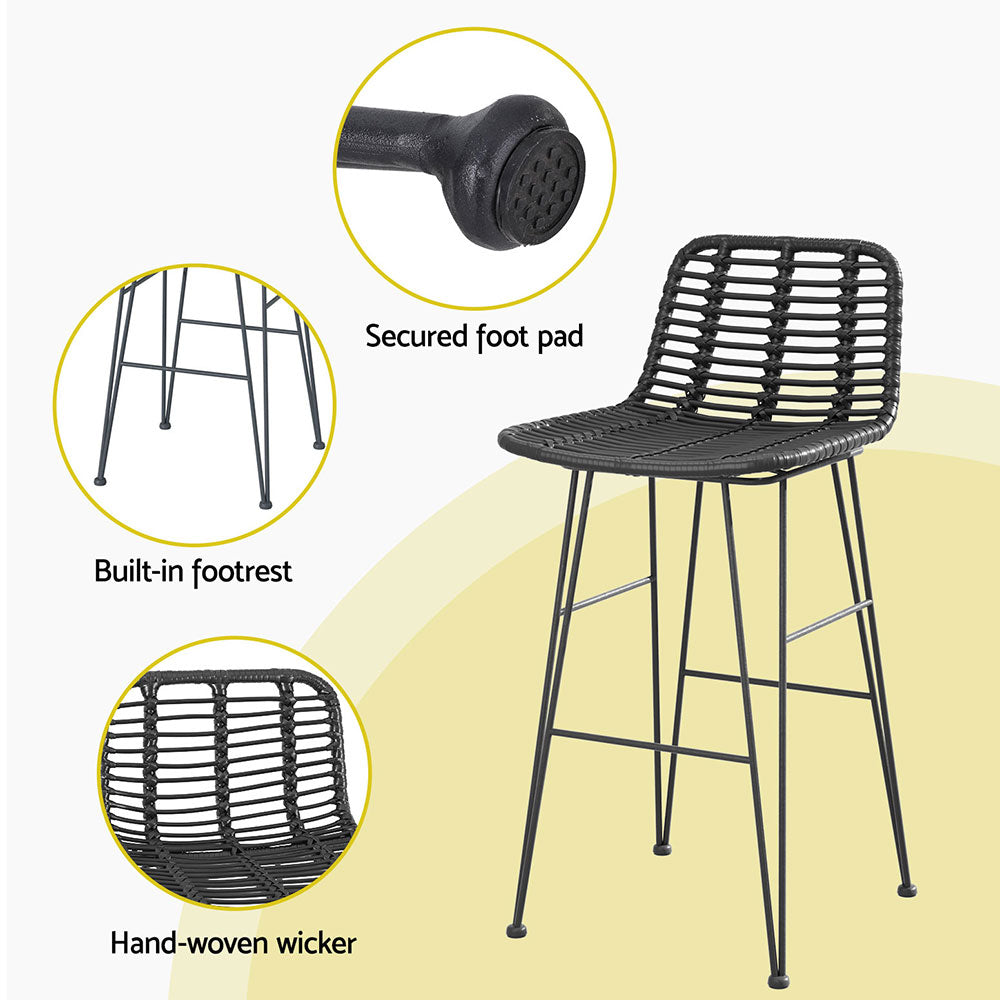 Set of 2 Coastal Outdoor Rattan Bar Stools 68cm - Black