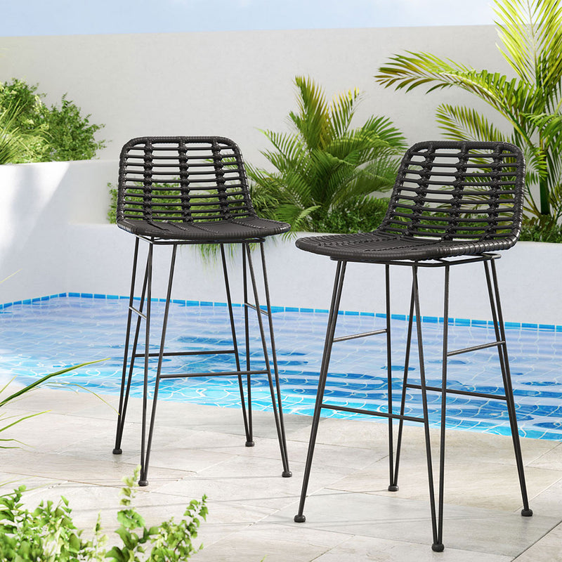 Set of 2 Coastal Outdoor Rattan Bar Stools 68cm - Black