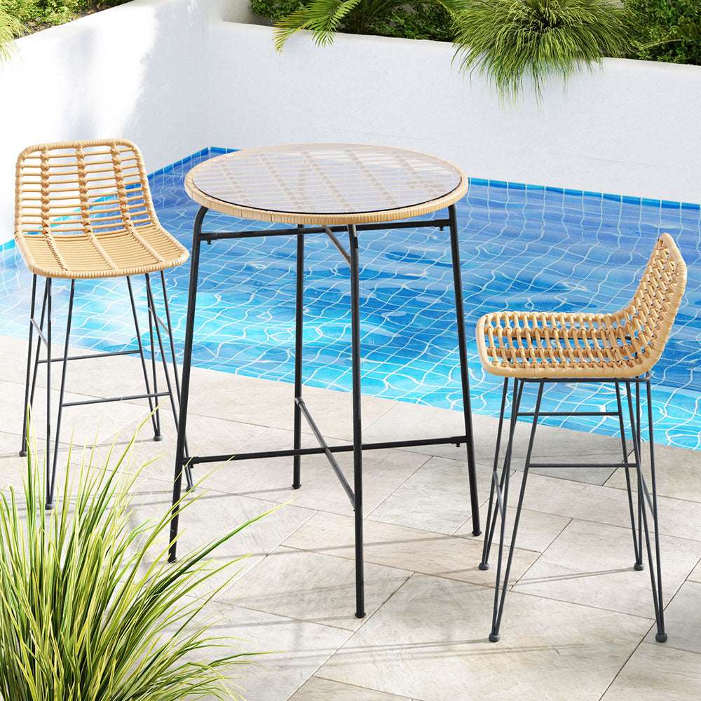 3 PCS Outdoor Bar Set Wicker Dining Bistro Patio Table Chairs Set Steel