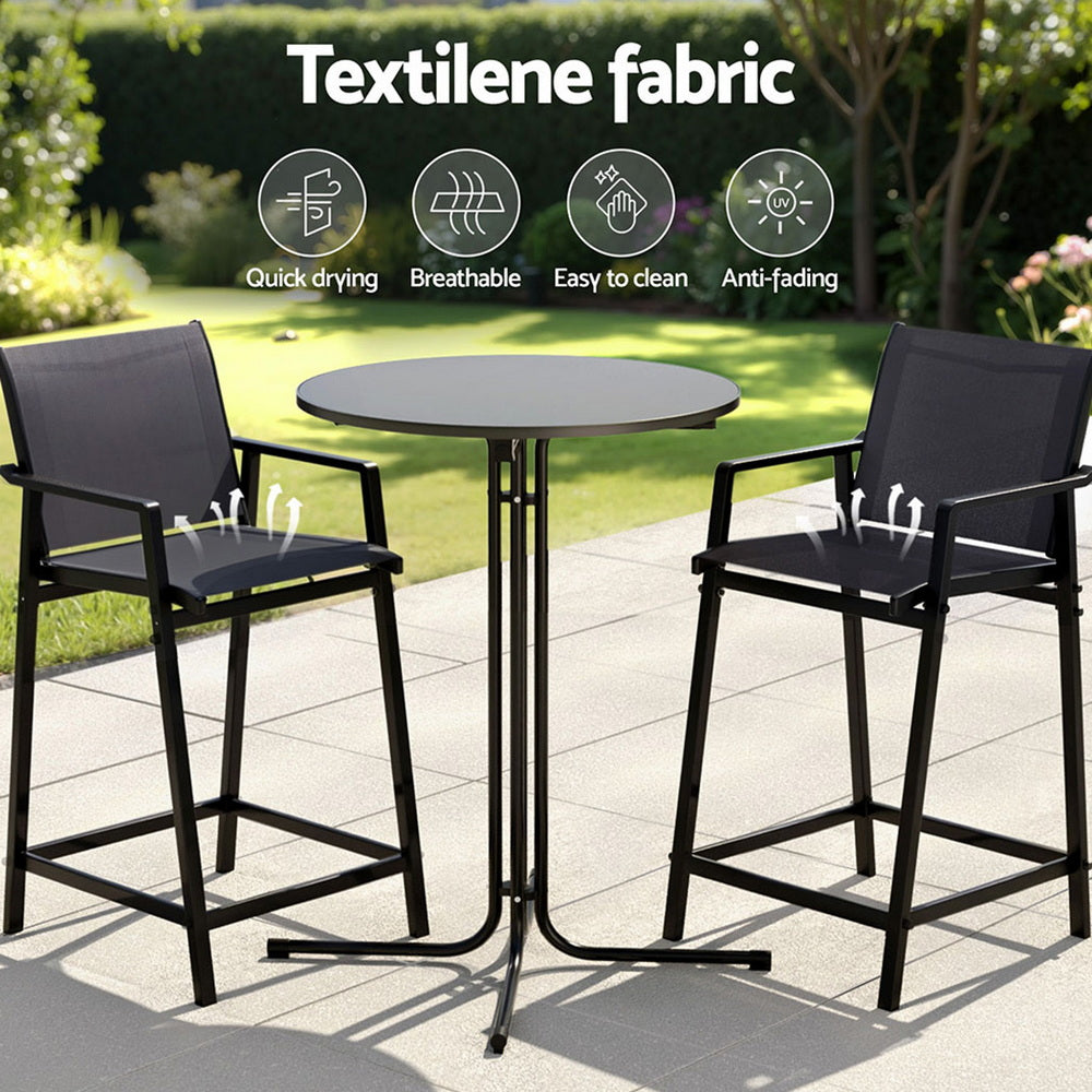 3 Piece Outdoor Bar Set with Textilene Stools & Table – Black