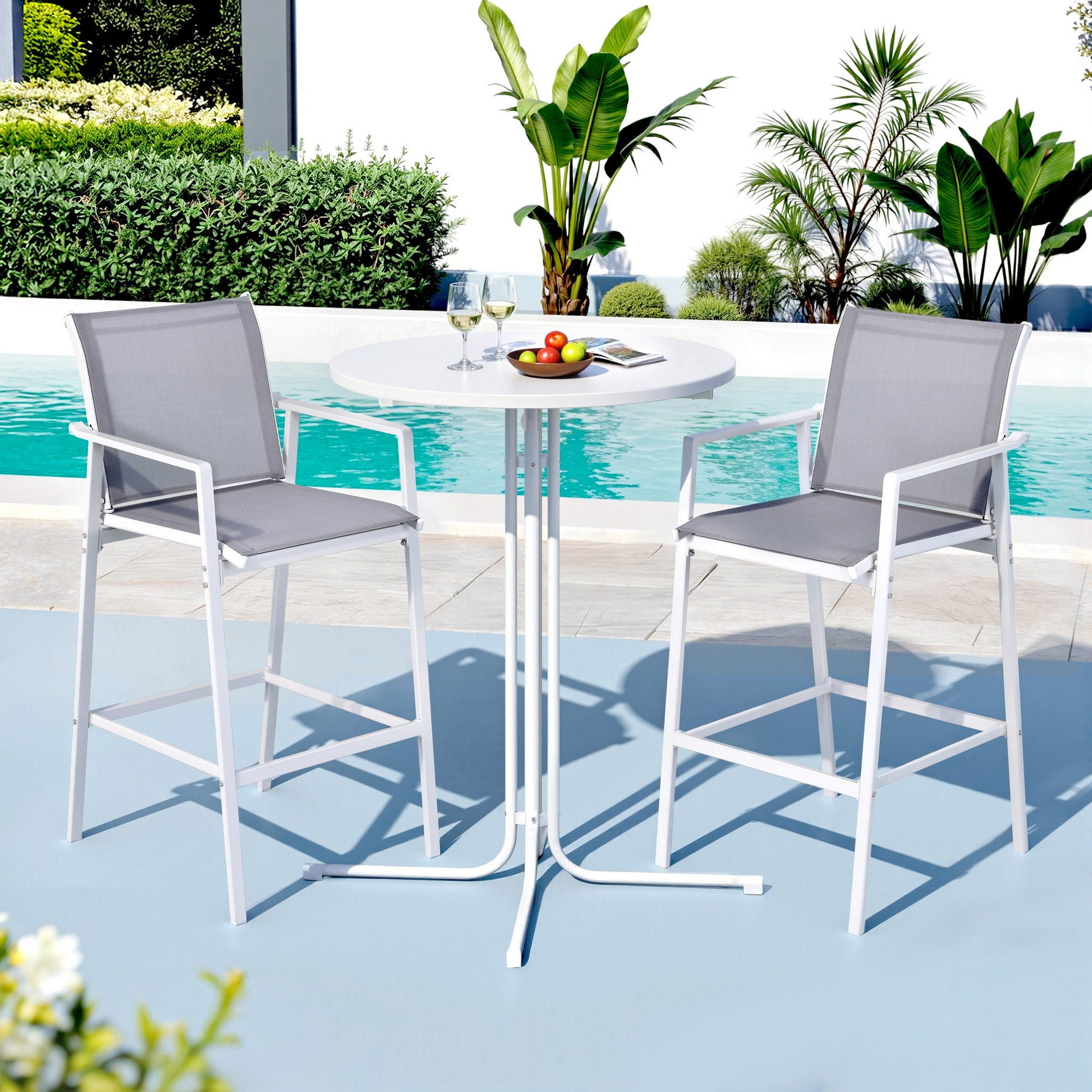 3PC Outdoor Bar Set with Stools and Table Steel Frame - White