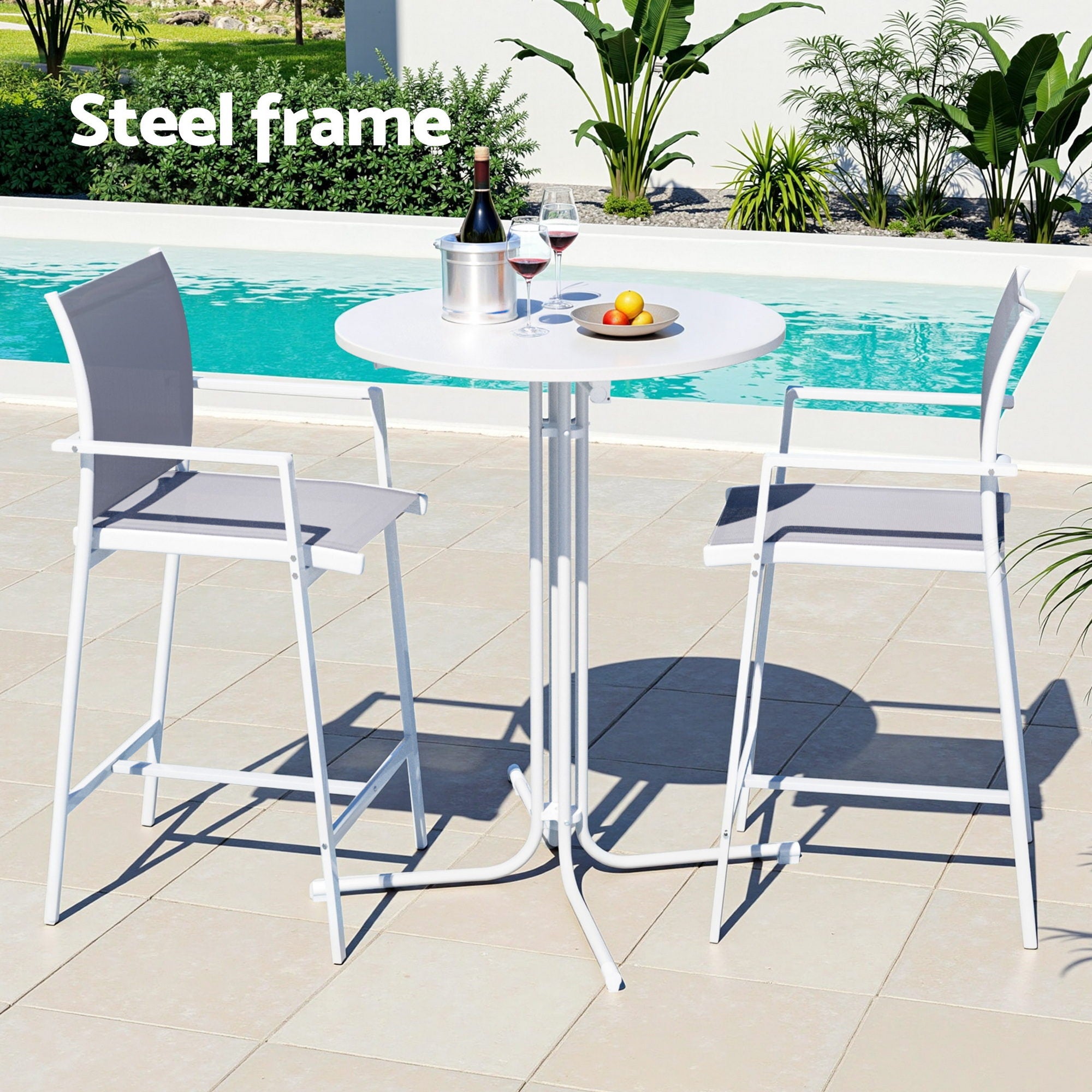 3PC Outdoor Bar Set with Stools and Table Steel Frame - White