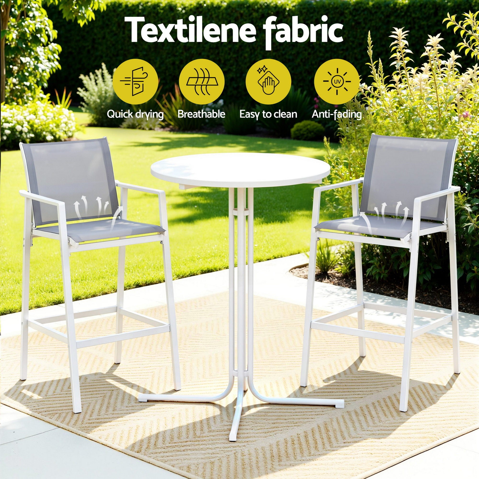 3PC Outdoor Bar Set with Stools and Table Steel Frame - White