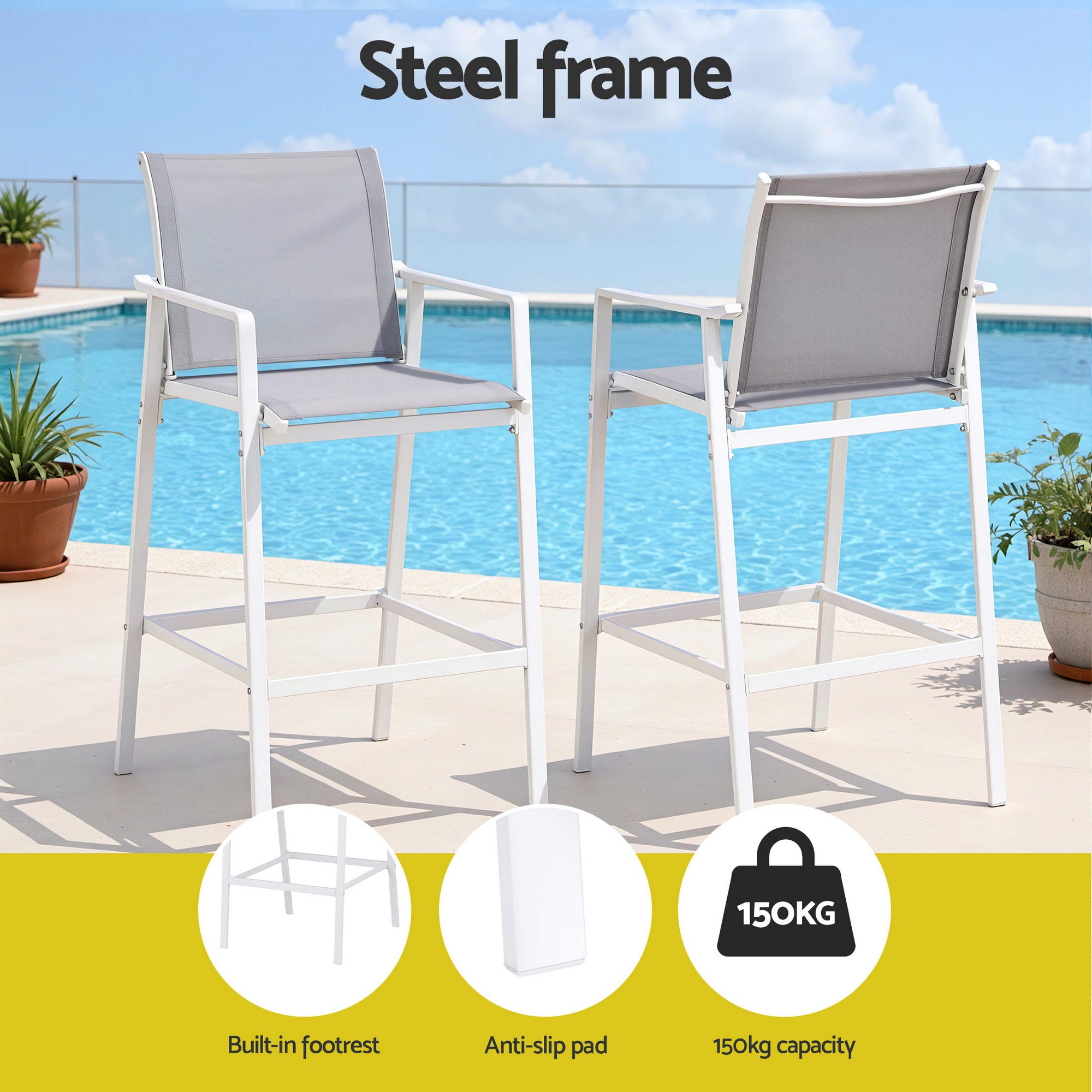 3PC Outdoor Bar Set with Stools and Table Steel Frame - White