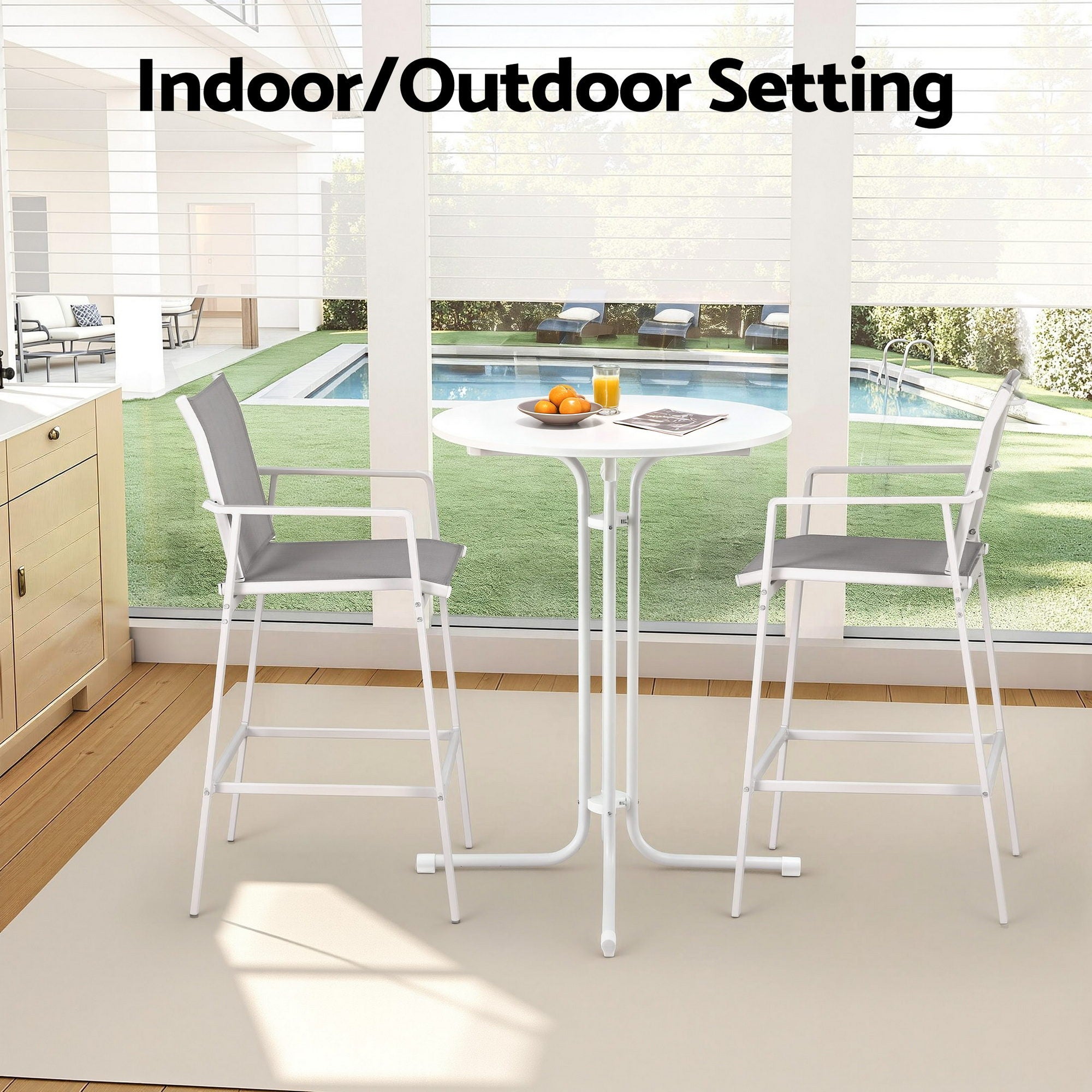 3PC Outdoor Bar Set with Stools and Table Steel Frame - White