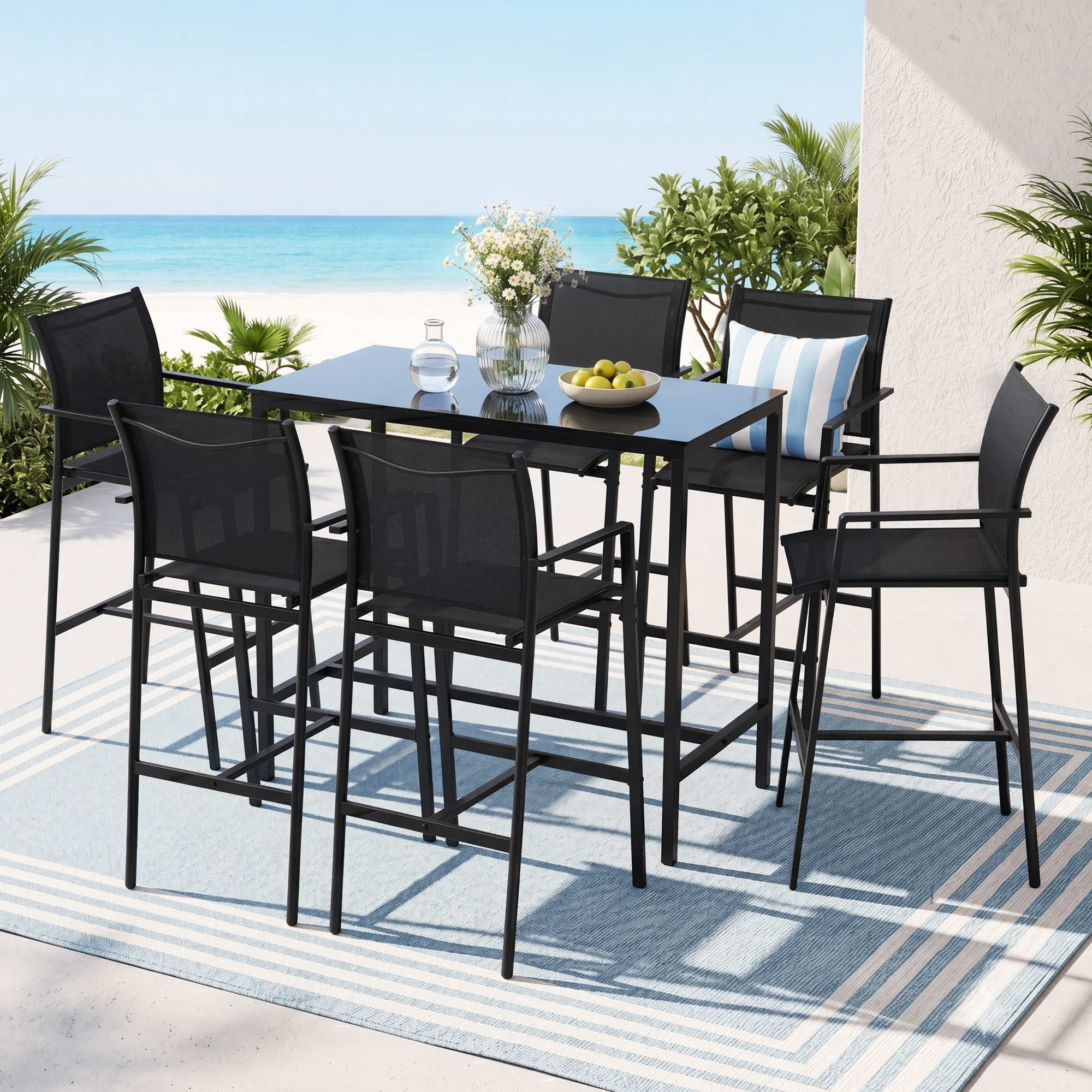 7PCS Outdoor Bar Set Stools Dining Chairs Table Patio Steel Bistro Set Black