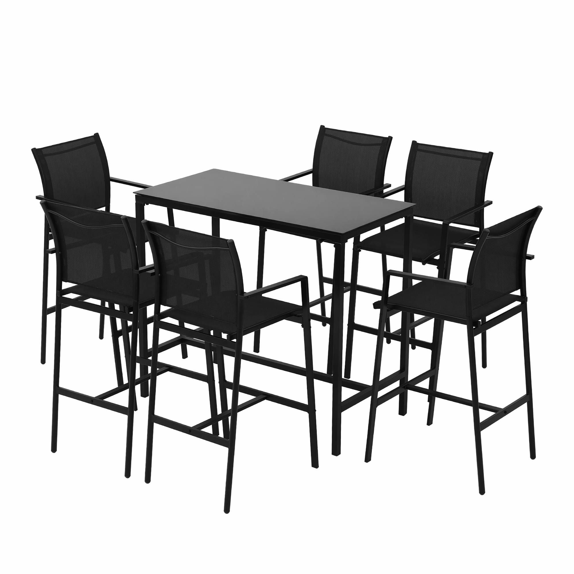 7PCS Outdoor Bar Set Stools Dining Chairs Table Patio Steel Bistro Set Black