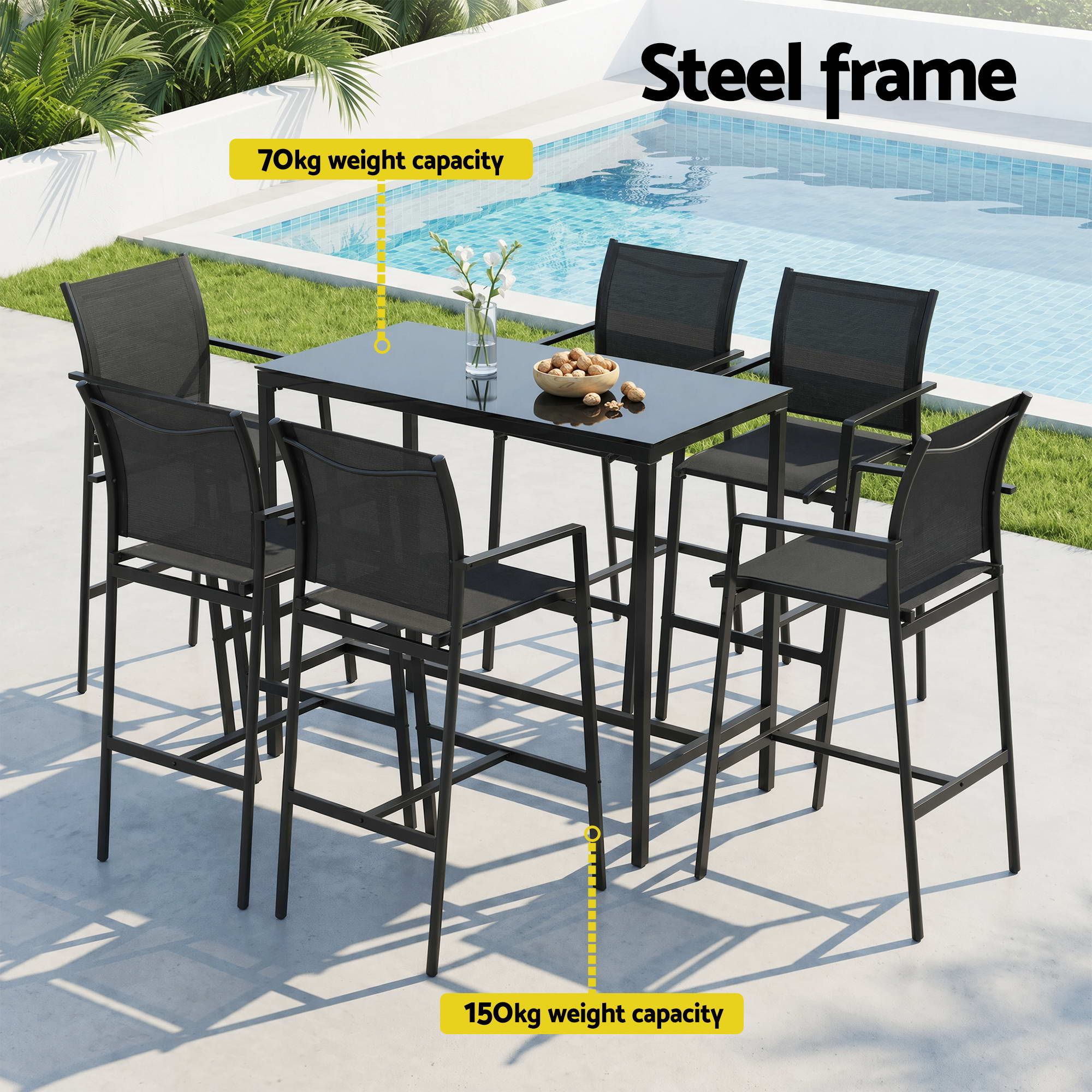 7PCS Outdoor Bar Set Stools Dining Chairs Table Patio Steel Bistro Set Black