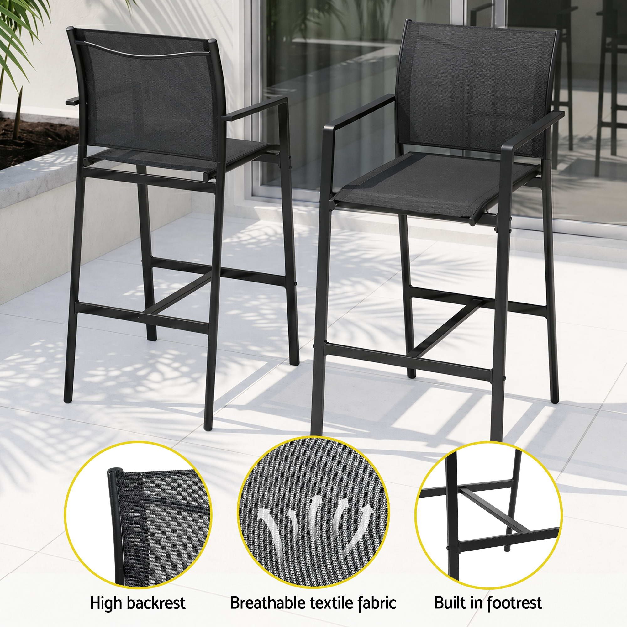 7PCS Outdoor Bar Set Stools Dining Chairs Table Patio Steel Bistro Set Black