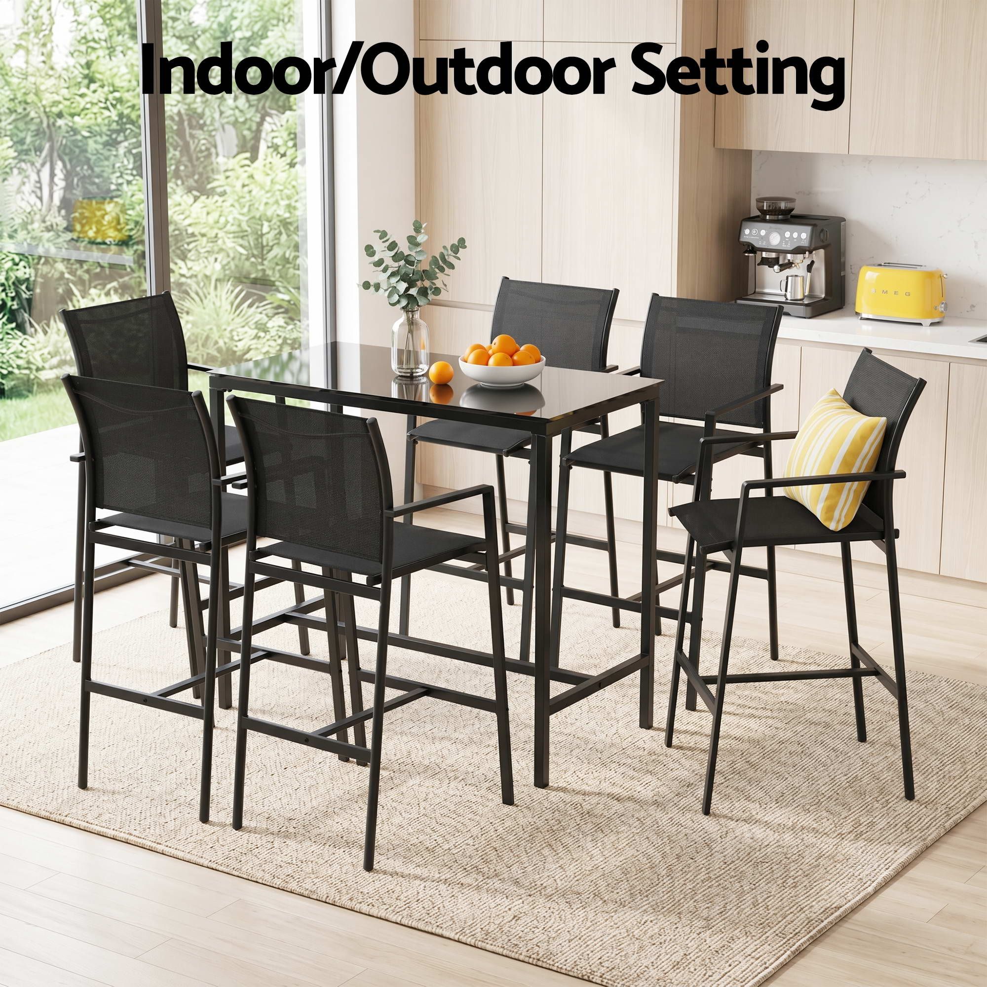 7PCS Outdoor Bar Set Stools Dining Chairs Table Patio Steel Bistro Set Black