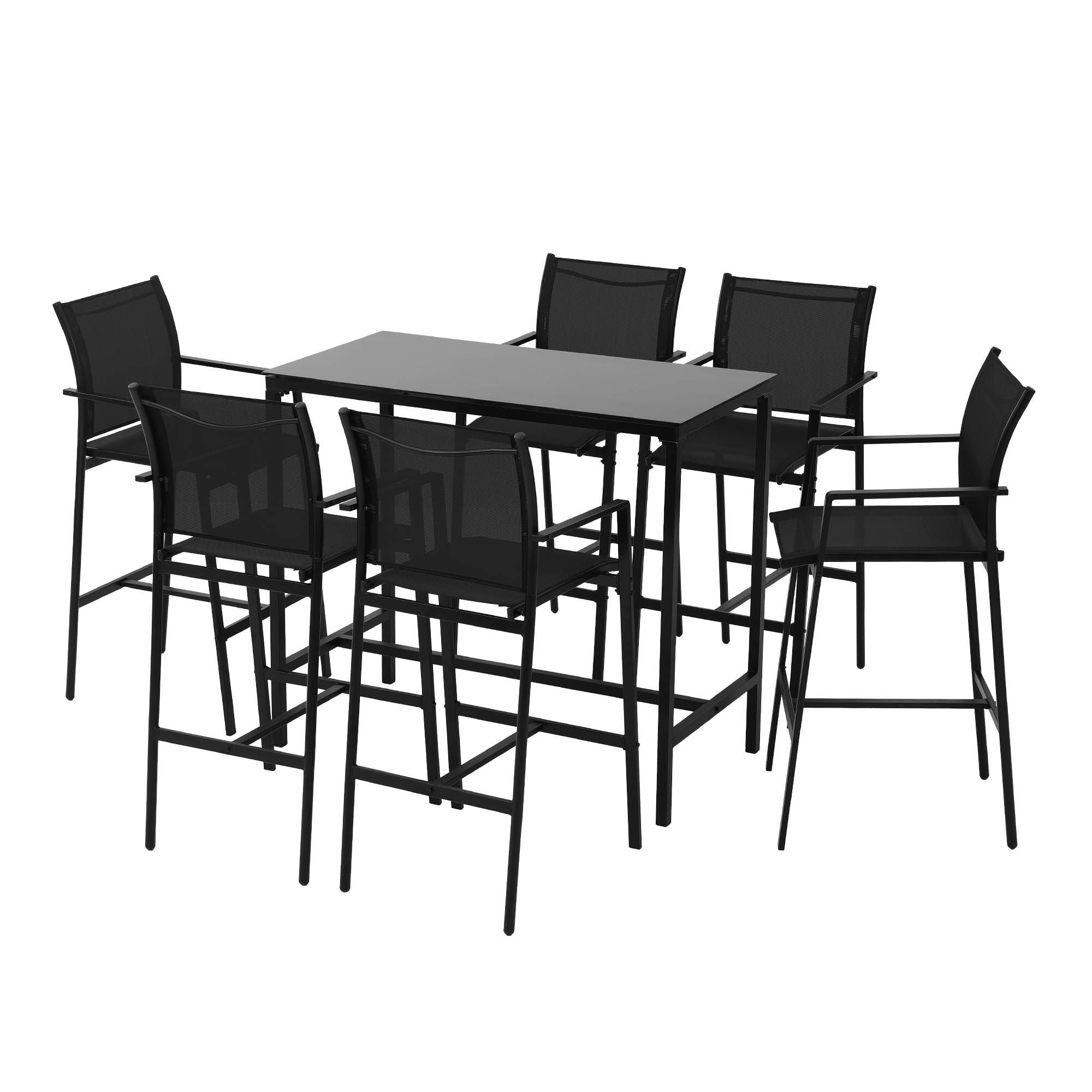 7PCS Outdoor Bar Set Stools Dining Chairs Table Patio Steel Bistro Set Black