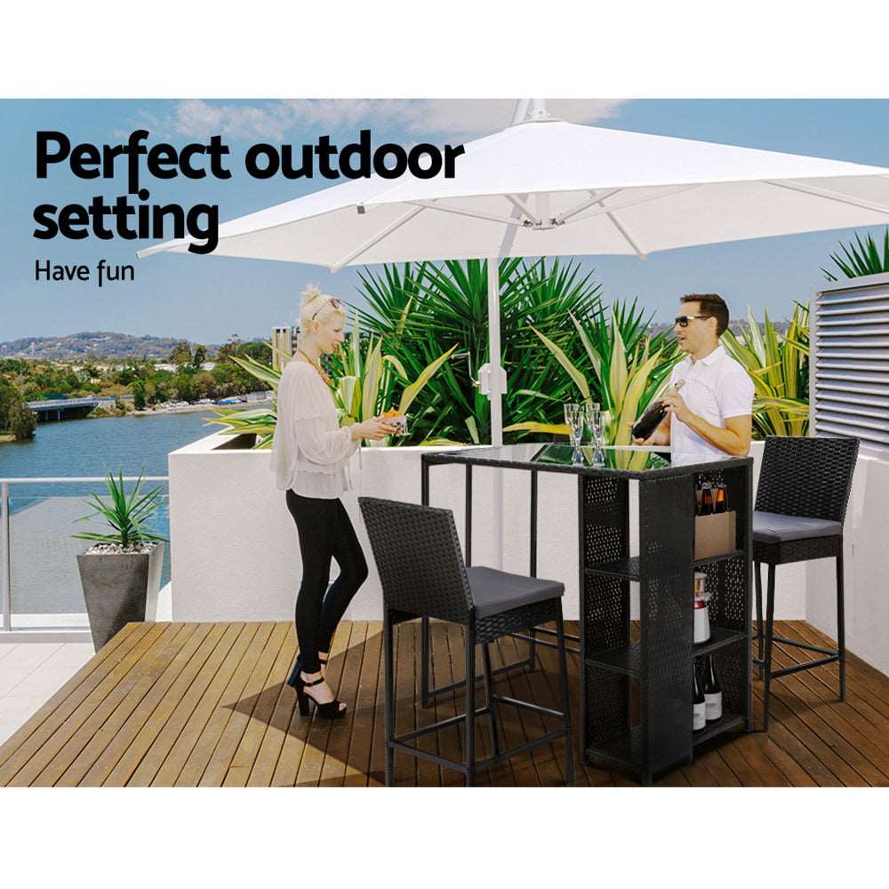 3 Piece Outdoor Wicker Bar Table & Stools Set Black