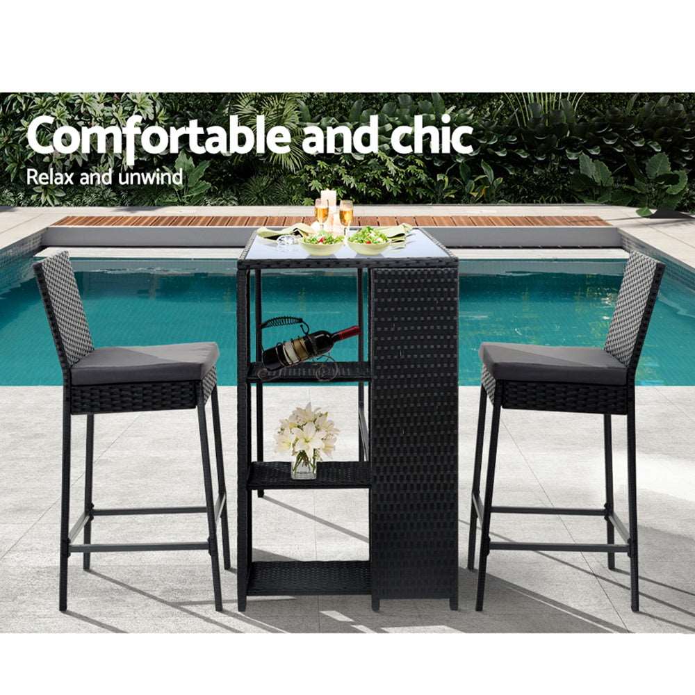 3 Piece Outdoor Wicker Bar Table & Stools Set Black