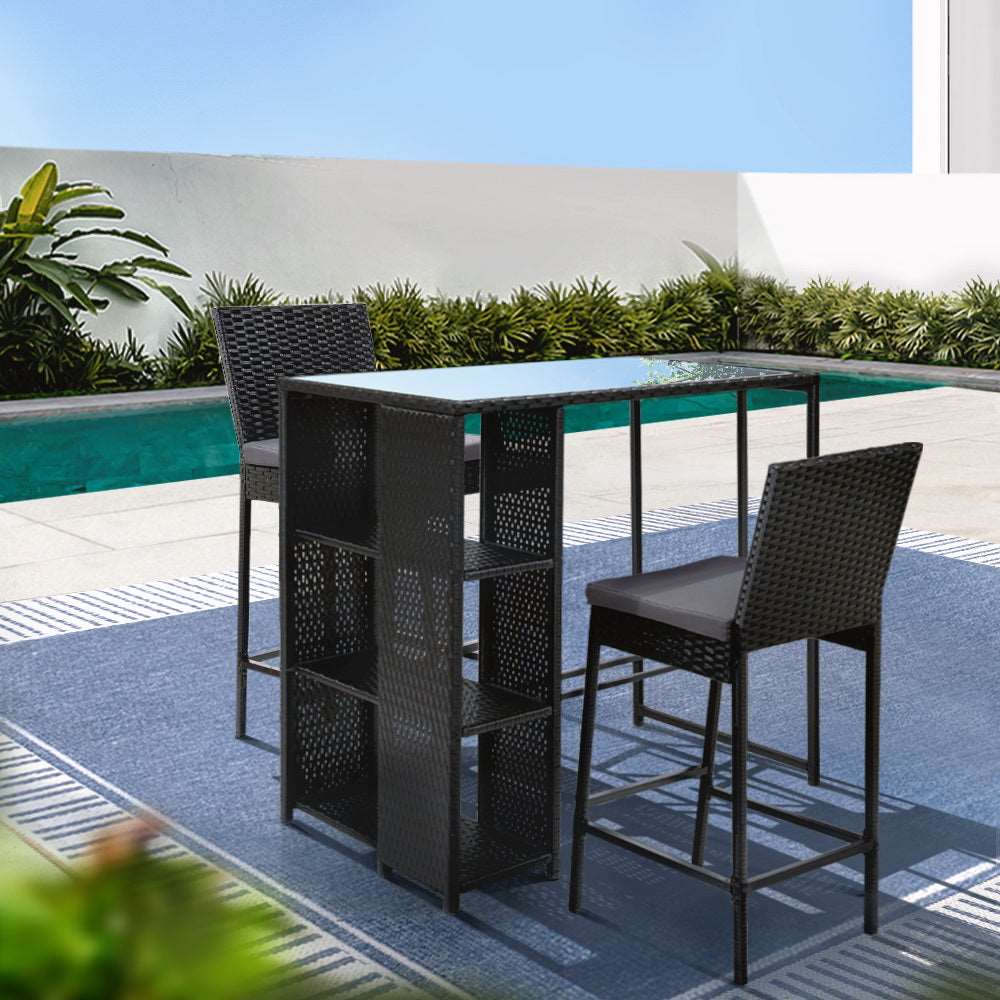 3 Piece Outdoor Wicker Bar Table & Stools Set Black