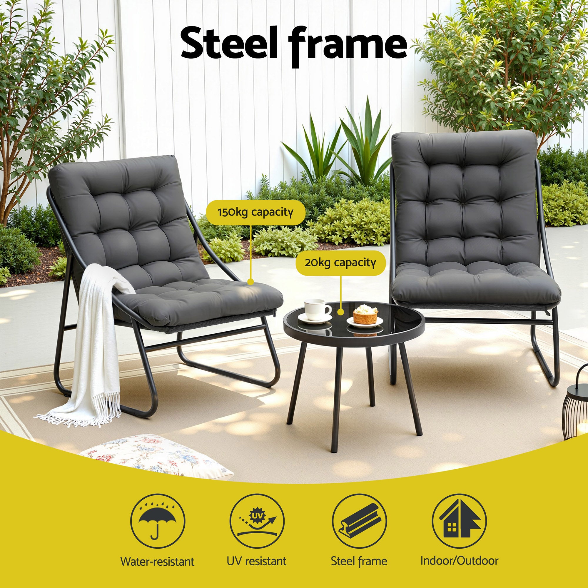 3PC Outdoor Bistro Set Steel Patio Table and Chairs - Grey
