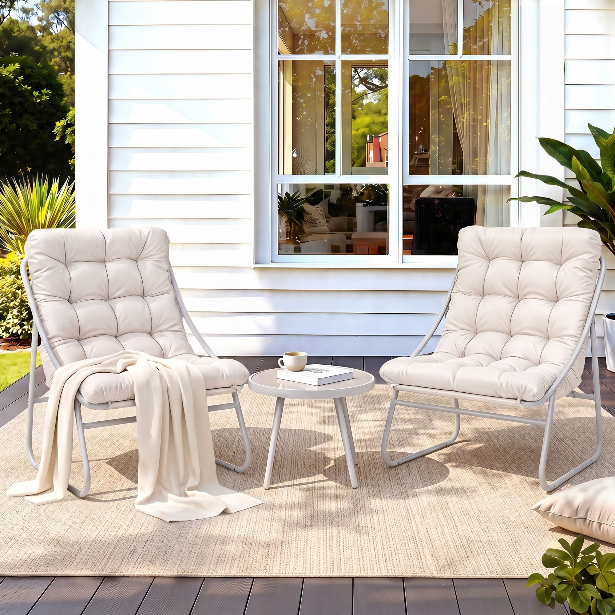 3PC Outdoor Bistro Set Patio Furniture Table and Chairs Steel Dining Chair Khaki