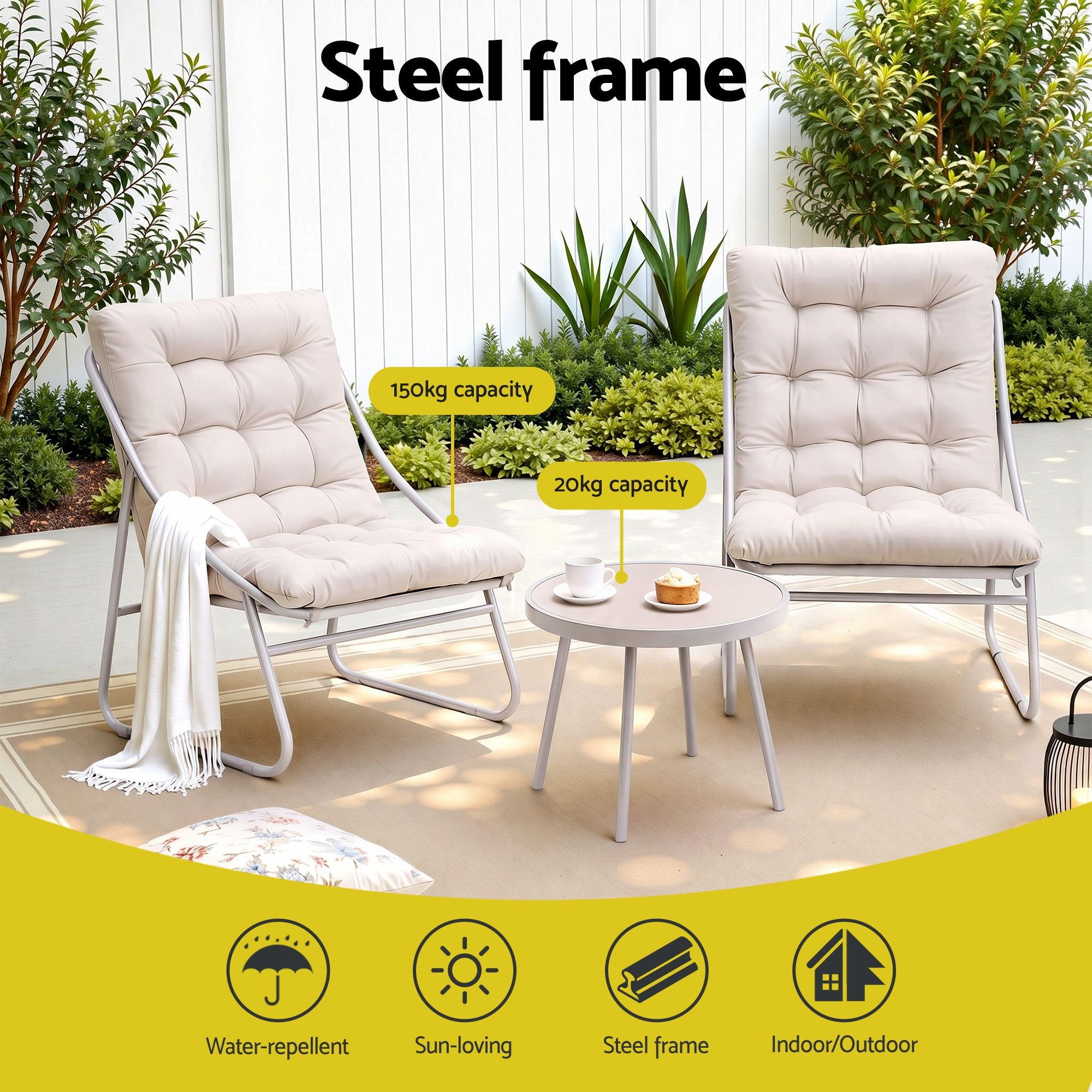 3PC Outdoor Bistro Set Patio Furniture Table and Chairs Steel Dining Chair Khaki
