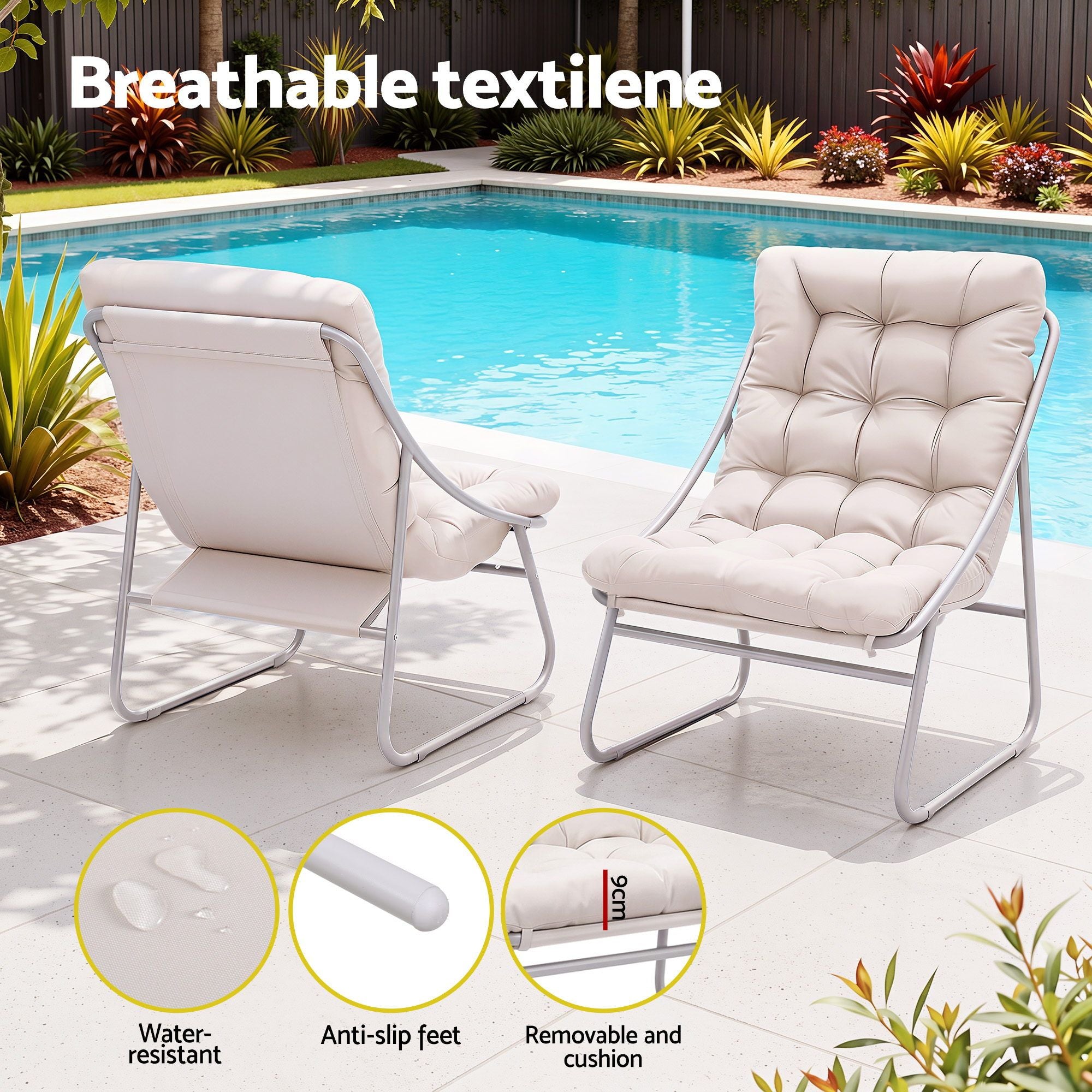 3PC Outdoor Bistro Set Patio Furniture Table and Chairs Steel Dining Chair Khaki