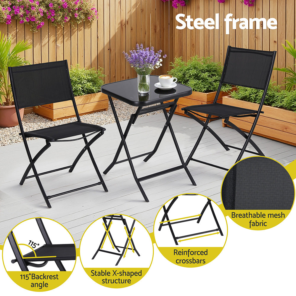 Outdoor Bistro Set Folding Table and Chairs Patio Furniture Garden Steel Black