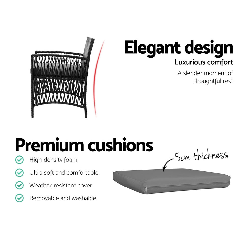 3PC Outdoor Bistro Set Patio Furniture Wicker Dining Chairs Table Cushion Black