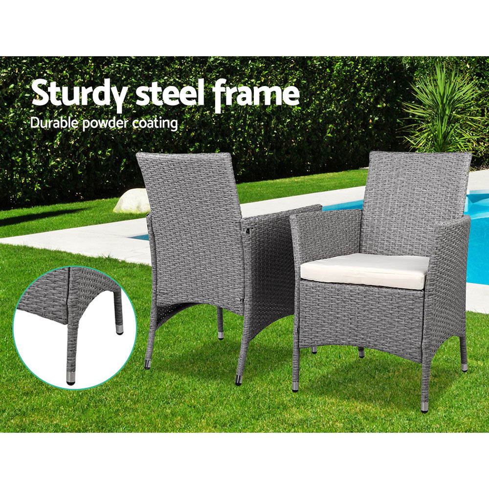 3PC Outdoor Bistro Set Patio Furniture Wicker Setting Chairs Table Cushion Grey