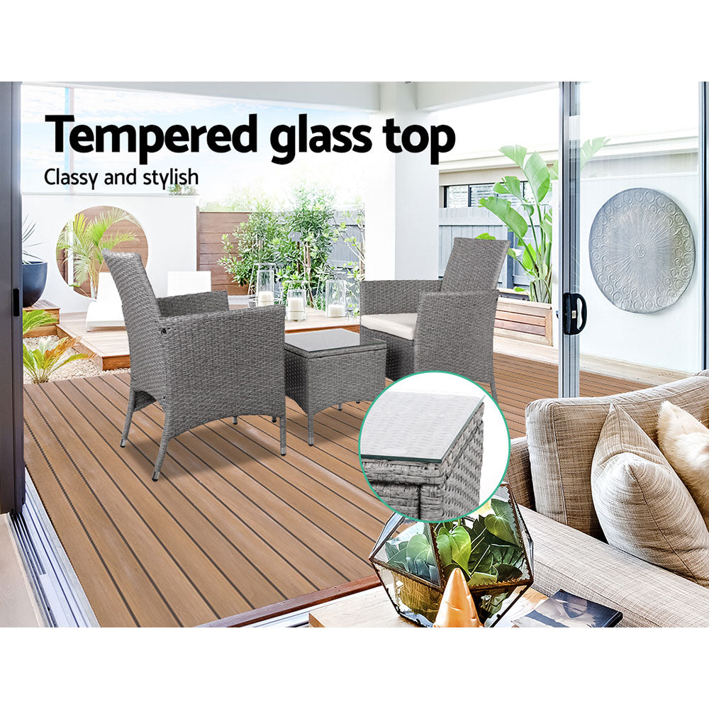 3PC Outdoor Bistro Set Patio Furniture Wicker Setting Chairs Table Cushion Grey