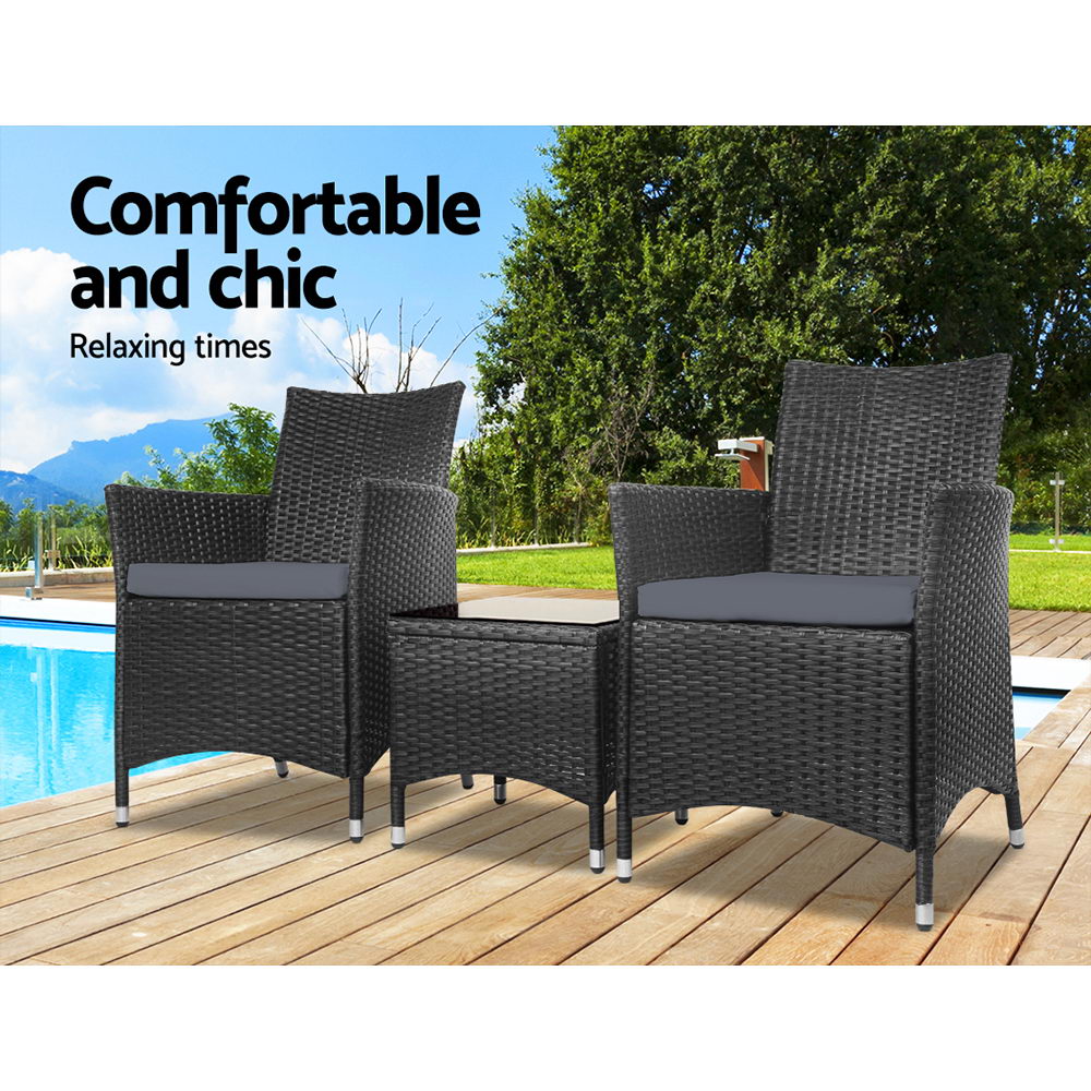 3PC Outdoor Bistro Set Patio Furniture Wicker Chairs Table Cushion All Black