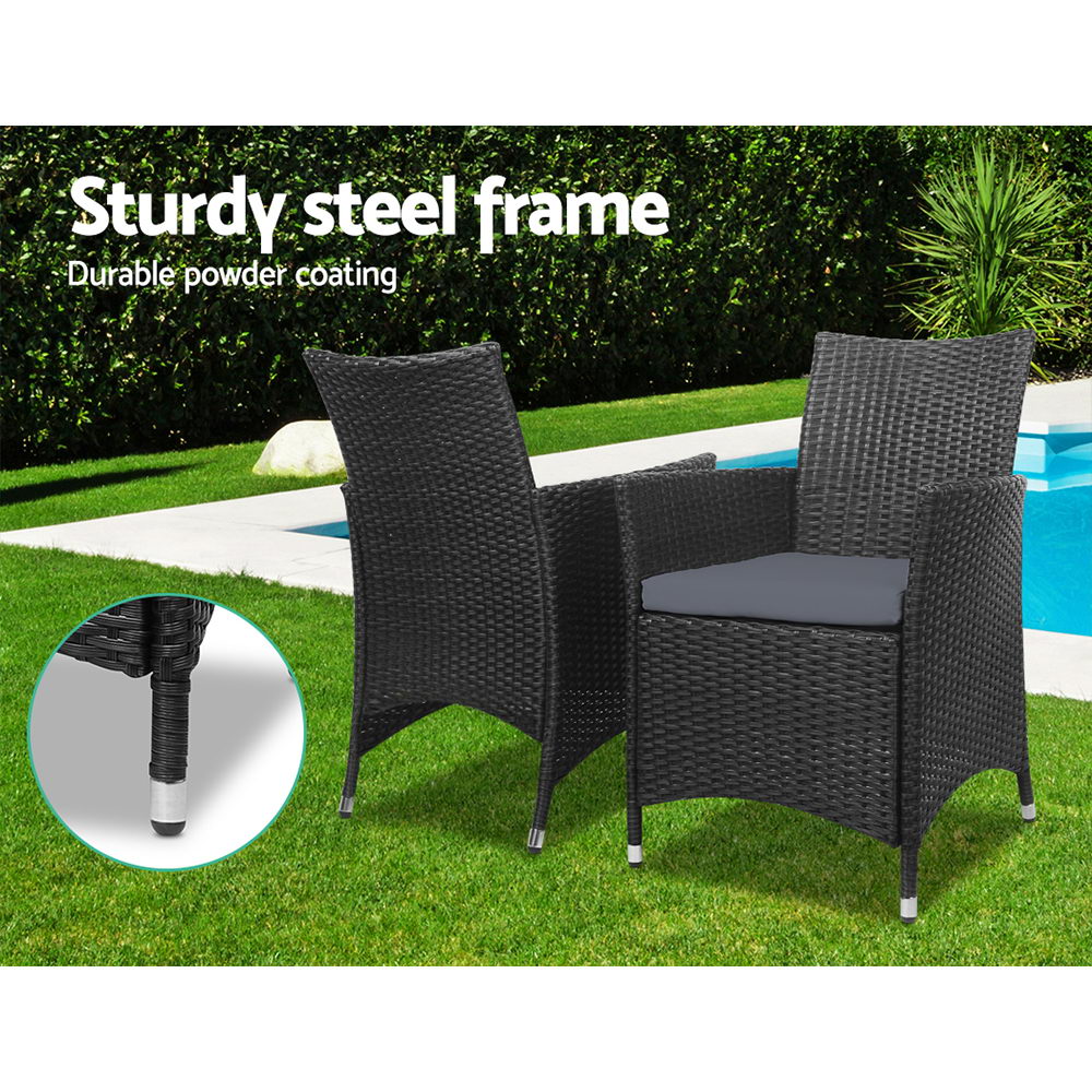 3PC Outdoor Bistro Set Patio Furniture Wicker Chairs Table Cushion All Black