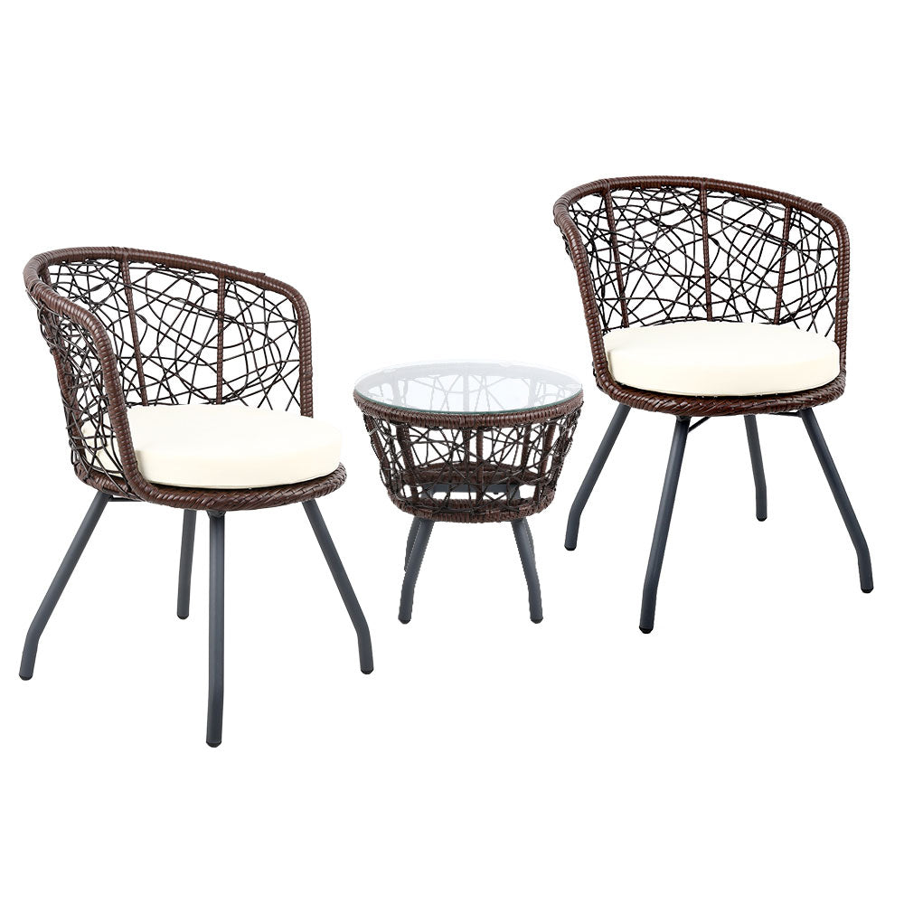 3PC Bistro Set Outdoor Furniture Rattan Table Chairs Patio Garden Cushion Brown