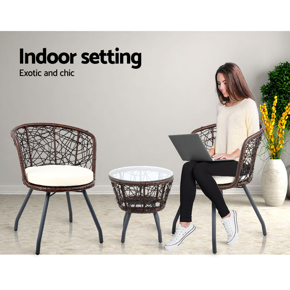 3PC Bistro Set Outdoor Furniture Rattan Table Chairs Patio Garden Cushion Brown