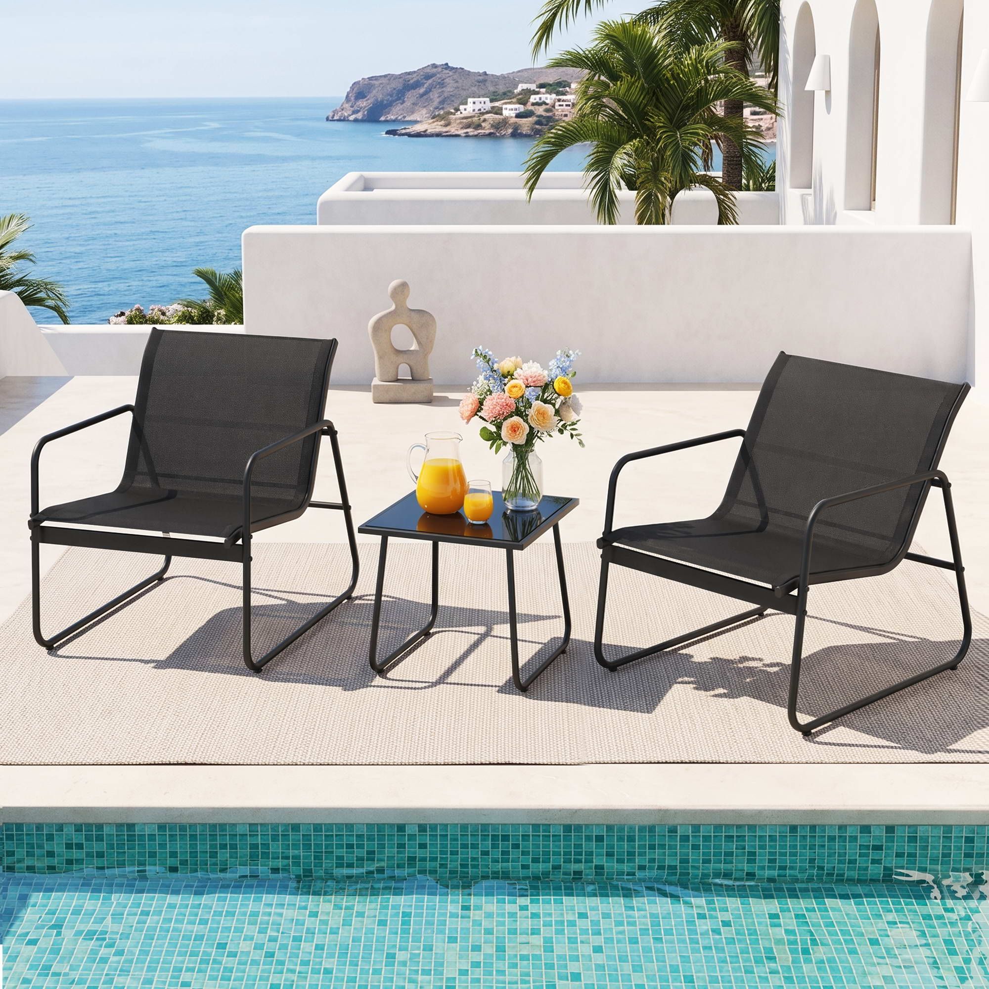 Outdoor Bistro Set 3 Piece Patio Furniture Textilene Chairs Glass Table