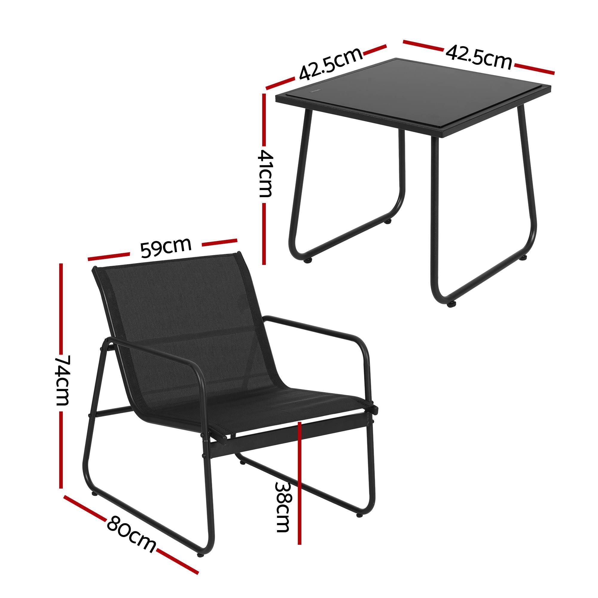 Outdoor Bistro Set 3 Piece Patio Furniture Textilene Chairs Glass Table