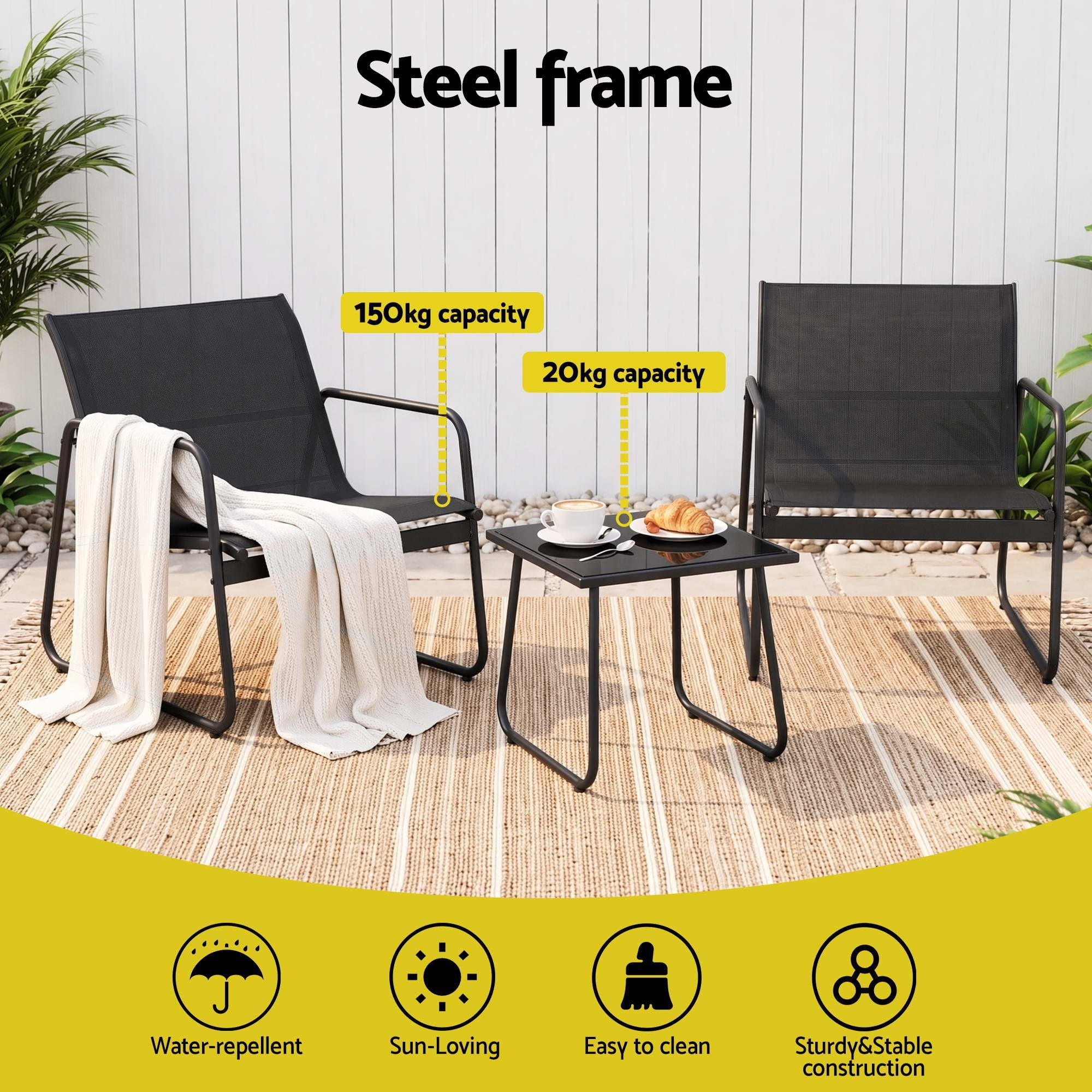 Outdoor Bistro Set 3 Piece Patio Furniture Textilene Chairs Glass Table