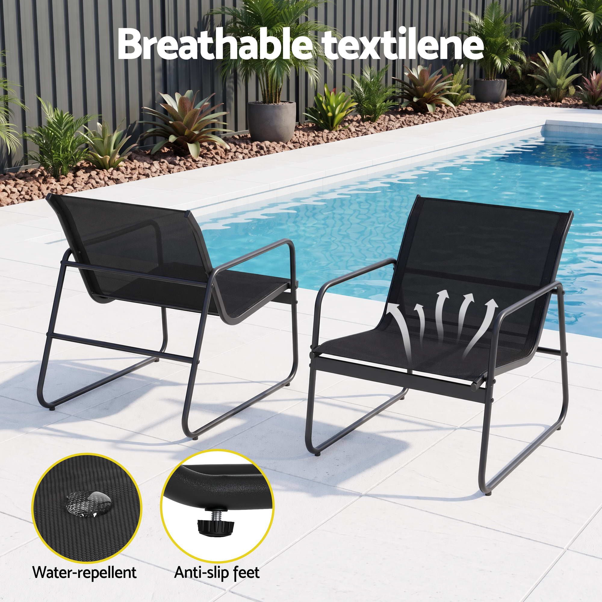 Outdoor Bistro Set 3 Piece Patio Furniture Textilene Chairs Glass Table