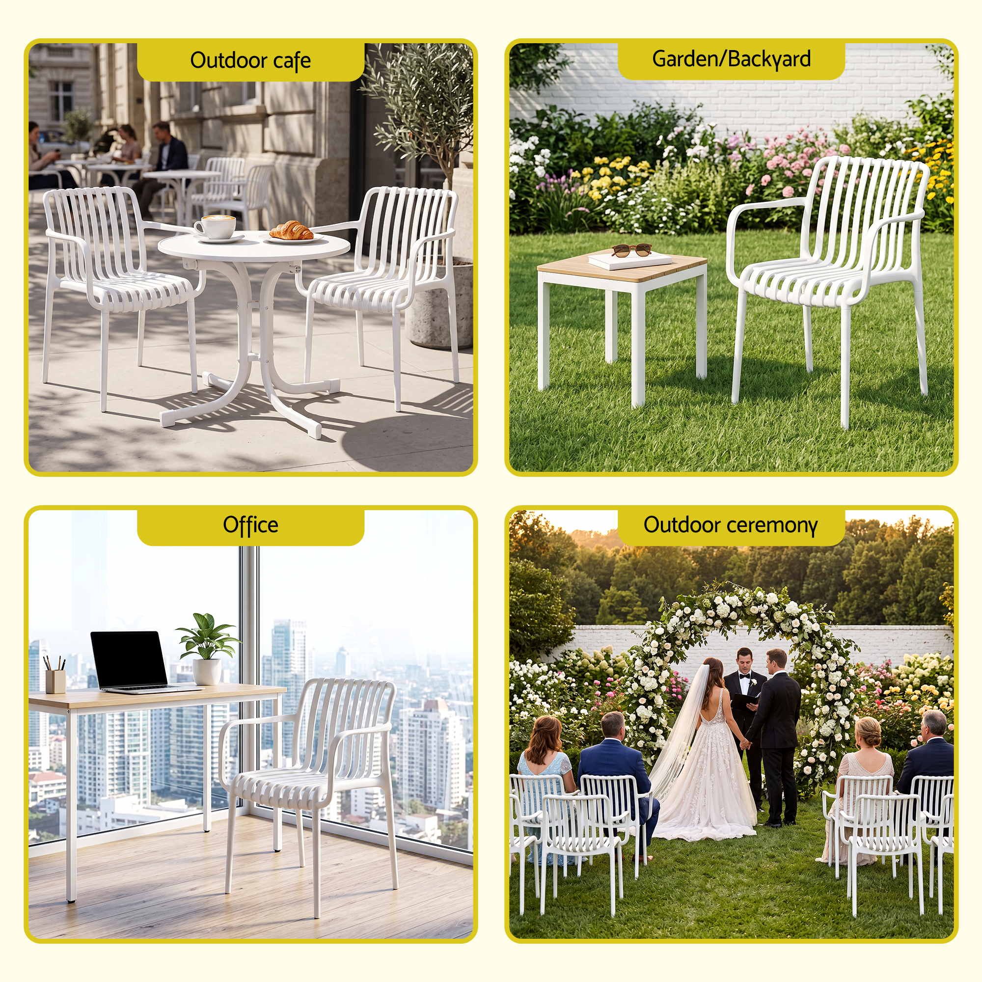 4PC Outdoor Dining Chairs Patio Furniture PP Stackable Chair Garden White