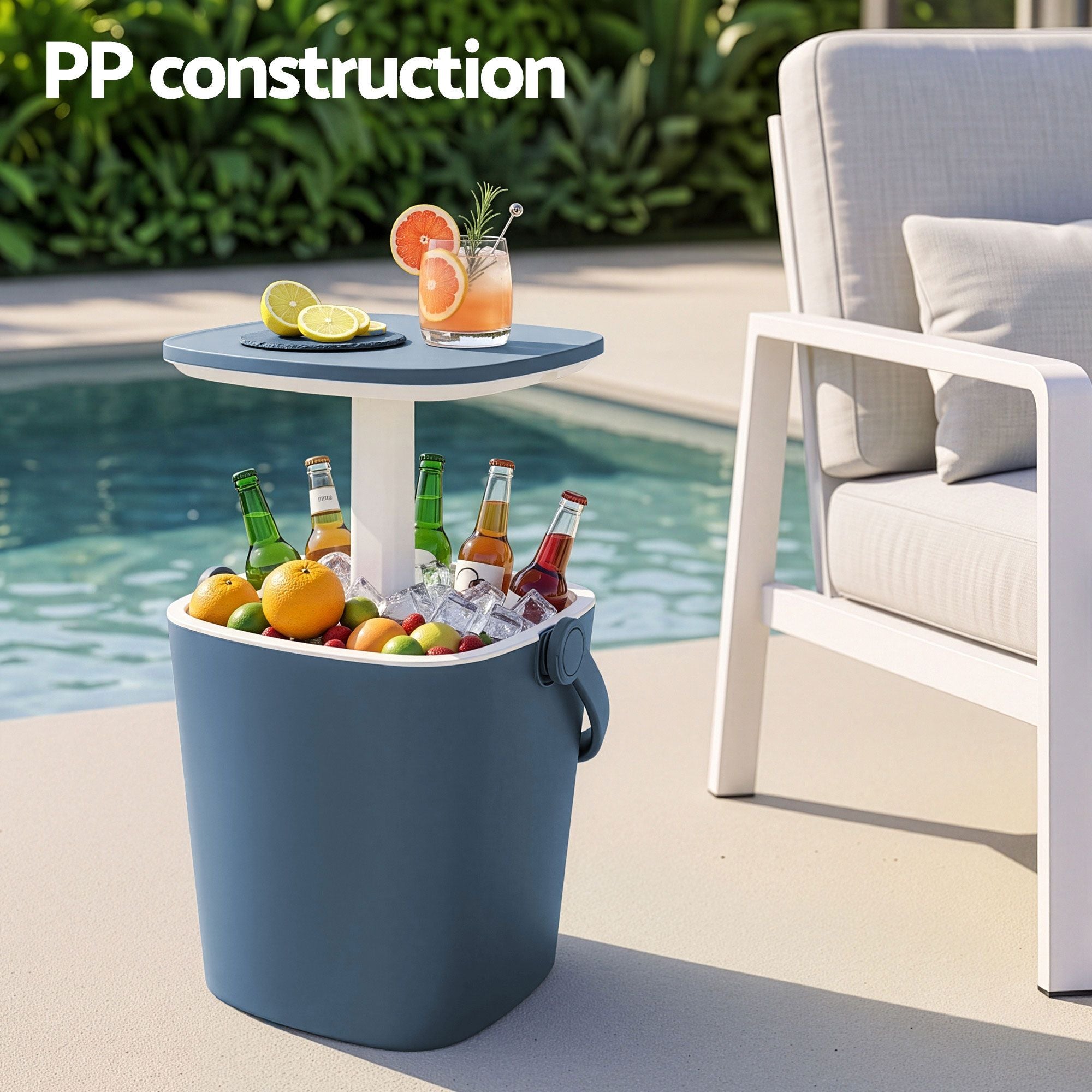2-in-1 Outdoor Bar Table Portable Ice Bucket Cooler 15L Tong Blue