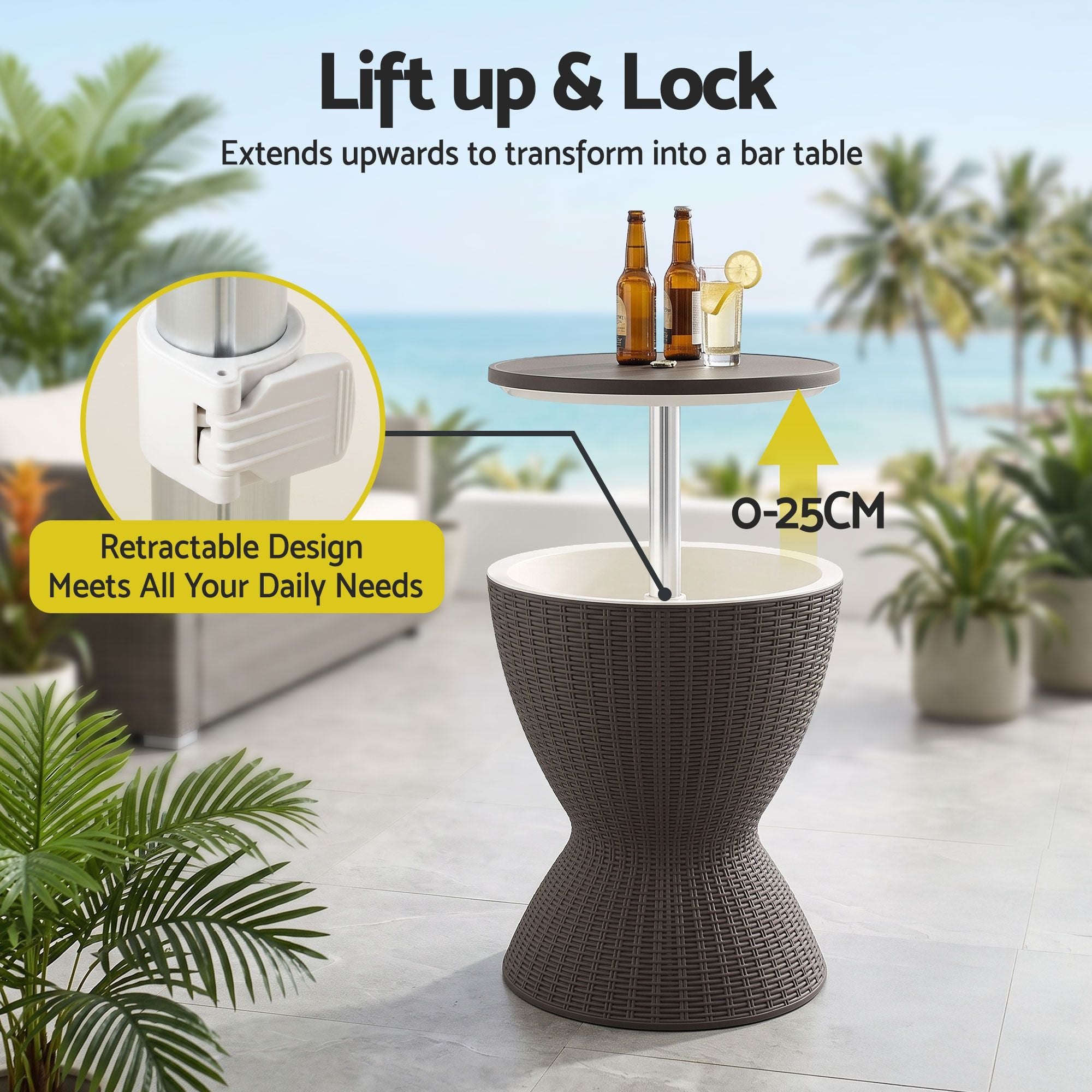 Outdoor Bar Table Portable Ice Bucket Cooler 30L Adjustable Top Brown