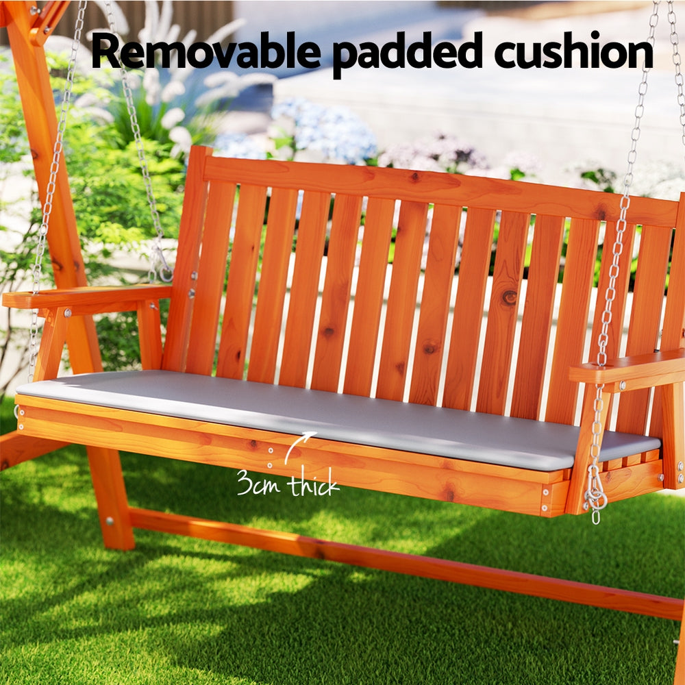Outdoor Wooden Swing Chair Garden Bench Canopy Cushion 3 Seater Teak