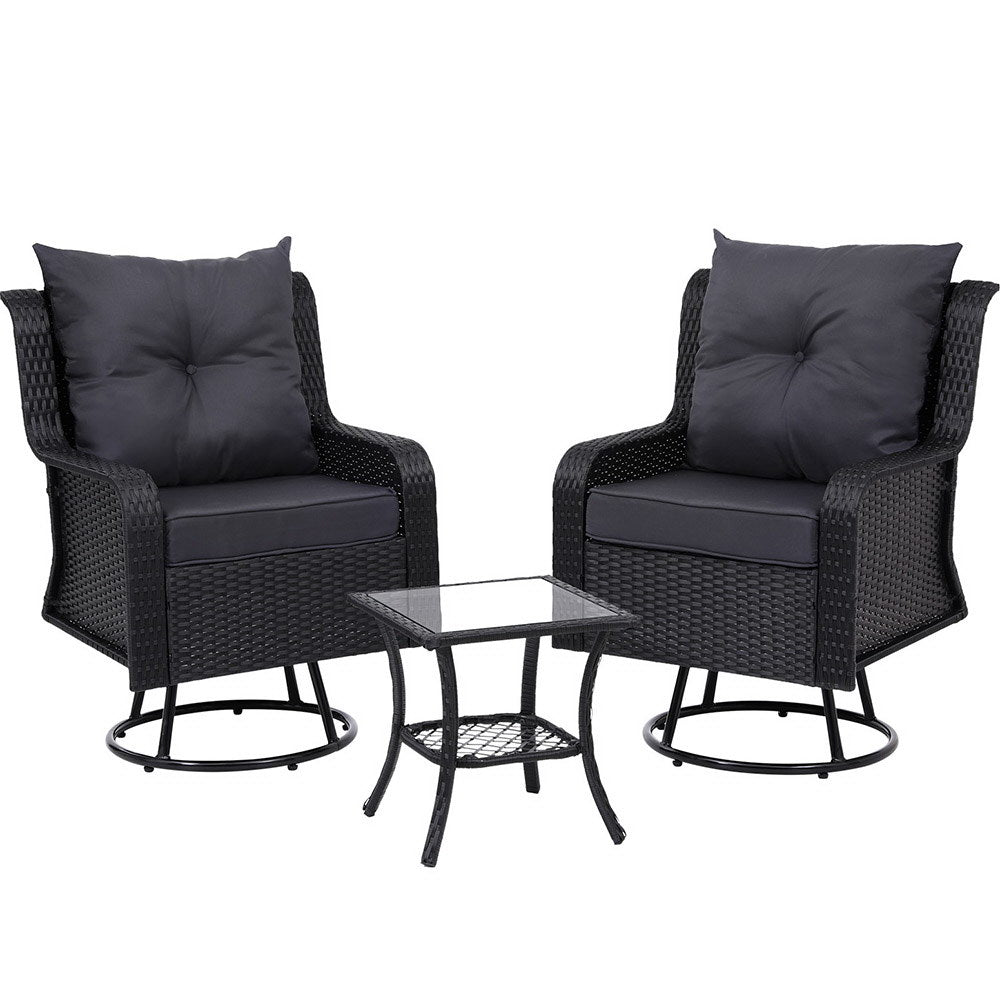 3PC Outdoor Furniture Bistro Set Lounge Wicker Swivel Chairs Table Cushion Black