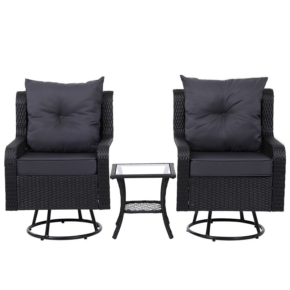 3PC Outdoor Furniture Bistro Set Lounge Wicker Swivel Chairs Table Cushion Black