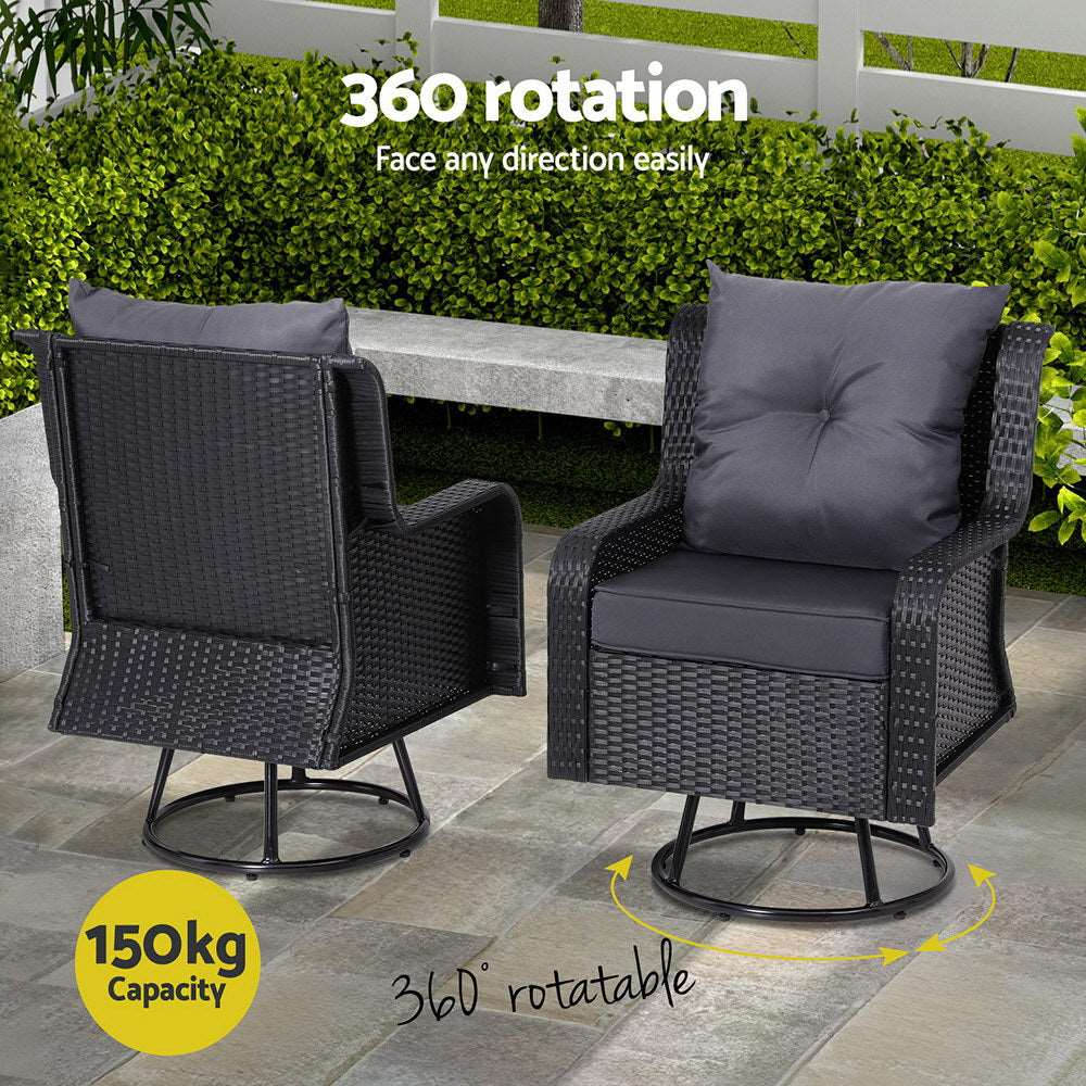 3PC Outdoor Furniture Bistro Set Lounge Wicker Swivel Chairs Table Cushion Black