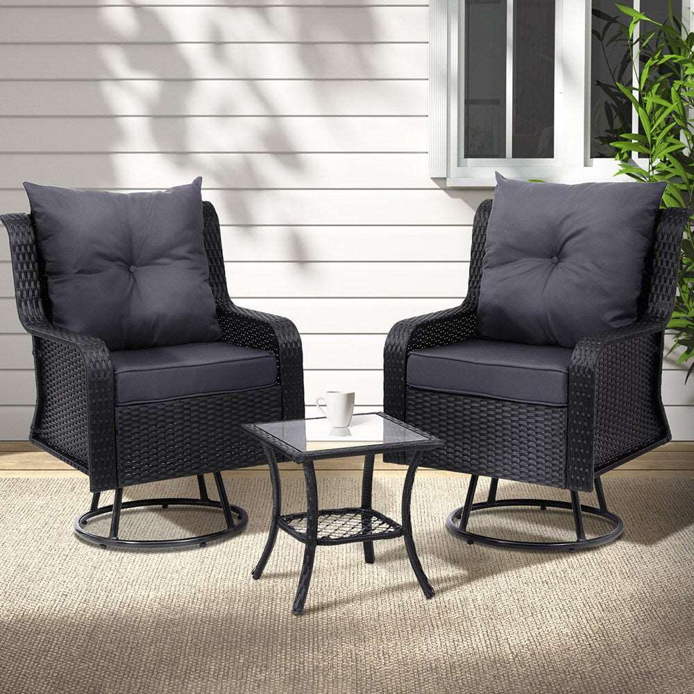 3PC Outdoor Furniture Bistro Set Lounge Wicker Swivel Chairs Table Cushion Black